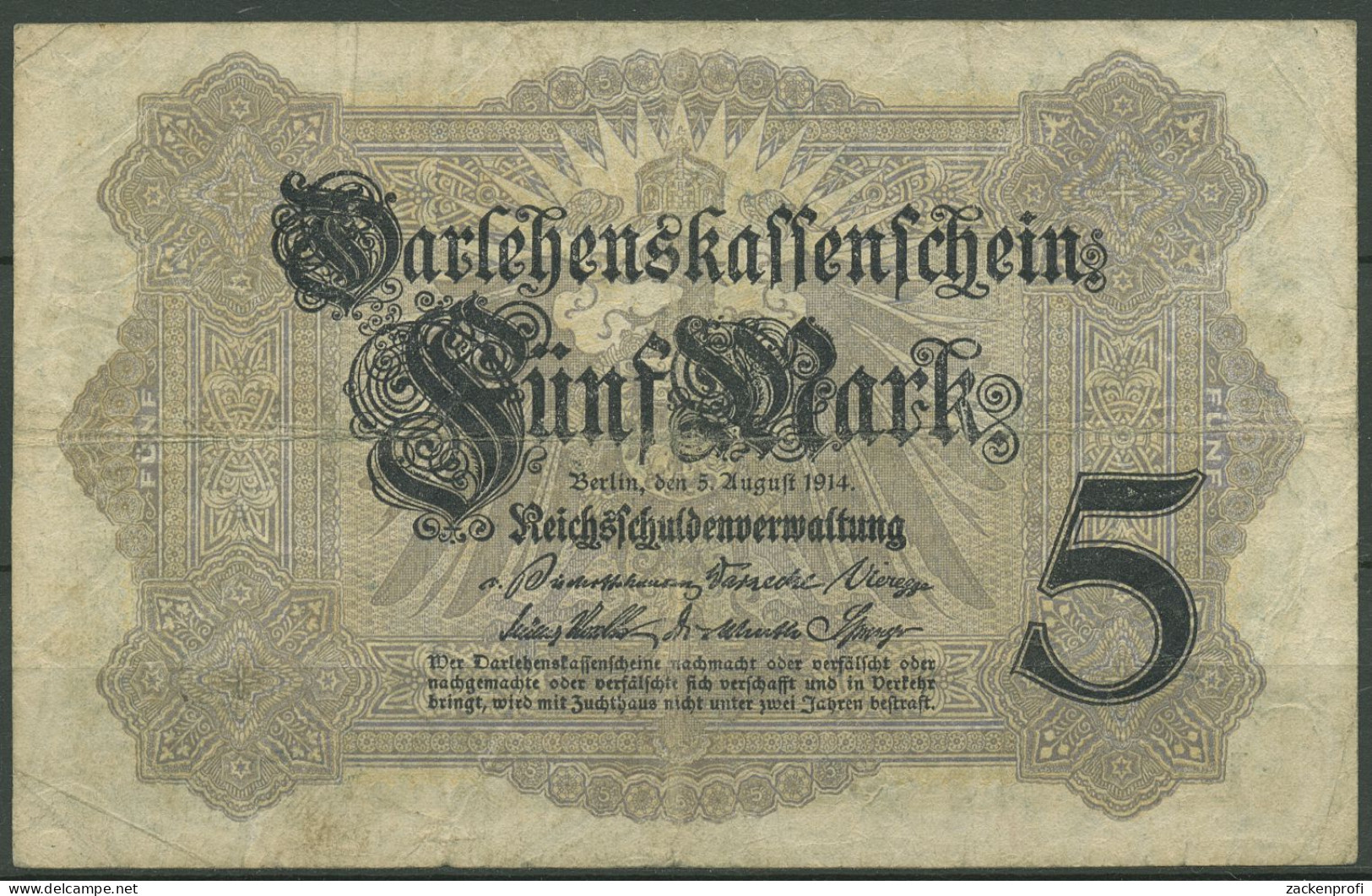 Dt. Reich 5 Mark 1914, DEU-54b Serie U, Gebraucht (K1525) - 5 Mark