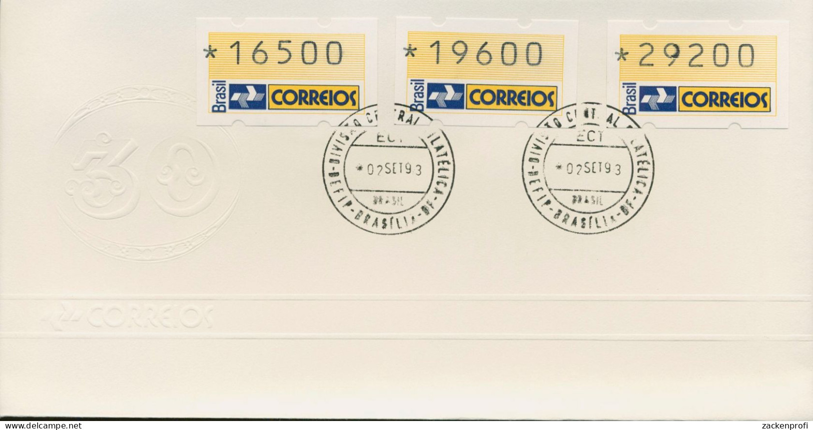 Brasilien 1993 Ersttagsbrief Satz 16500/19600/29200 ATM 4 S3 FDC (X80257) - Franking Labels