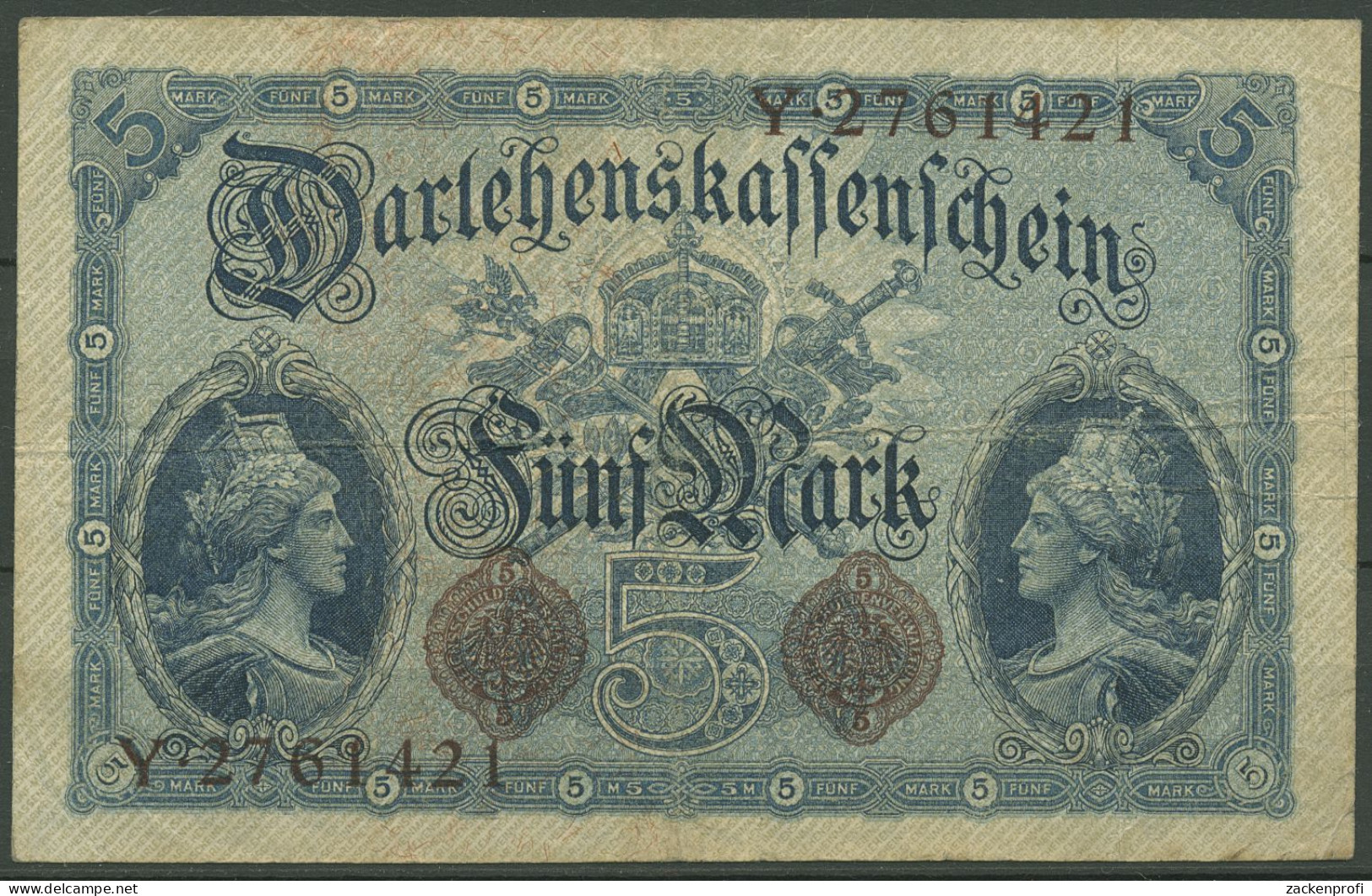 Dt. Reich 5 Mark 1914, DEU-54b Serie Y, Gebraucht (K1526) - 5 Mark