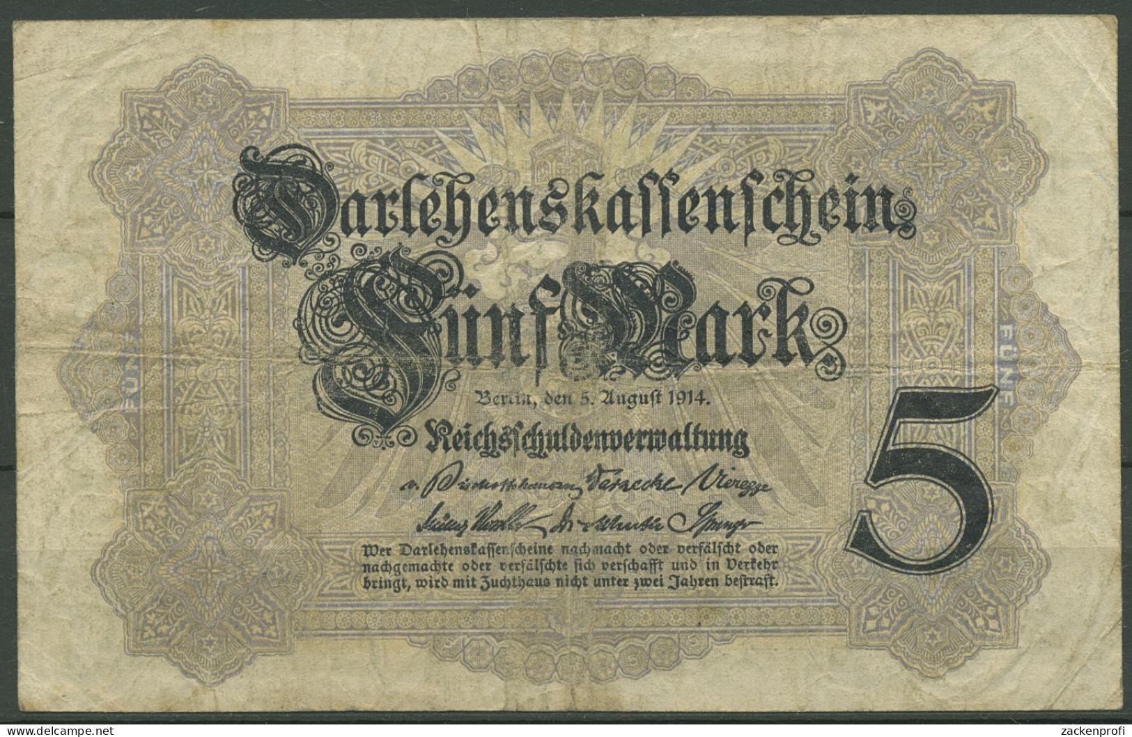 Dt. Reich 5 Mark 1914, DEU-54b Serie Y, Gebraucht (K1526) - 5 Mark