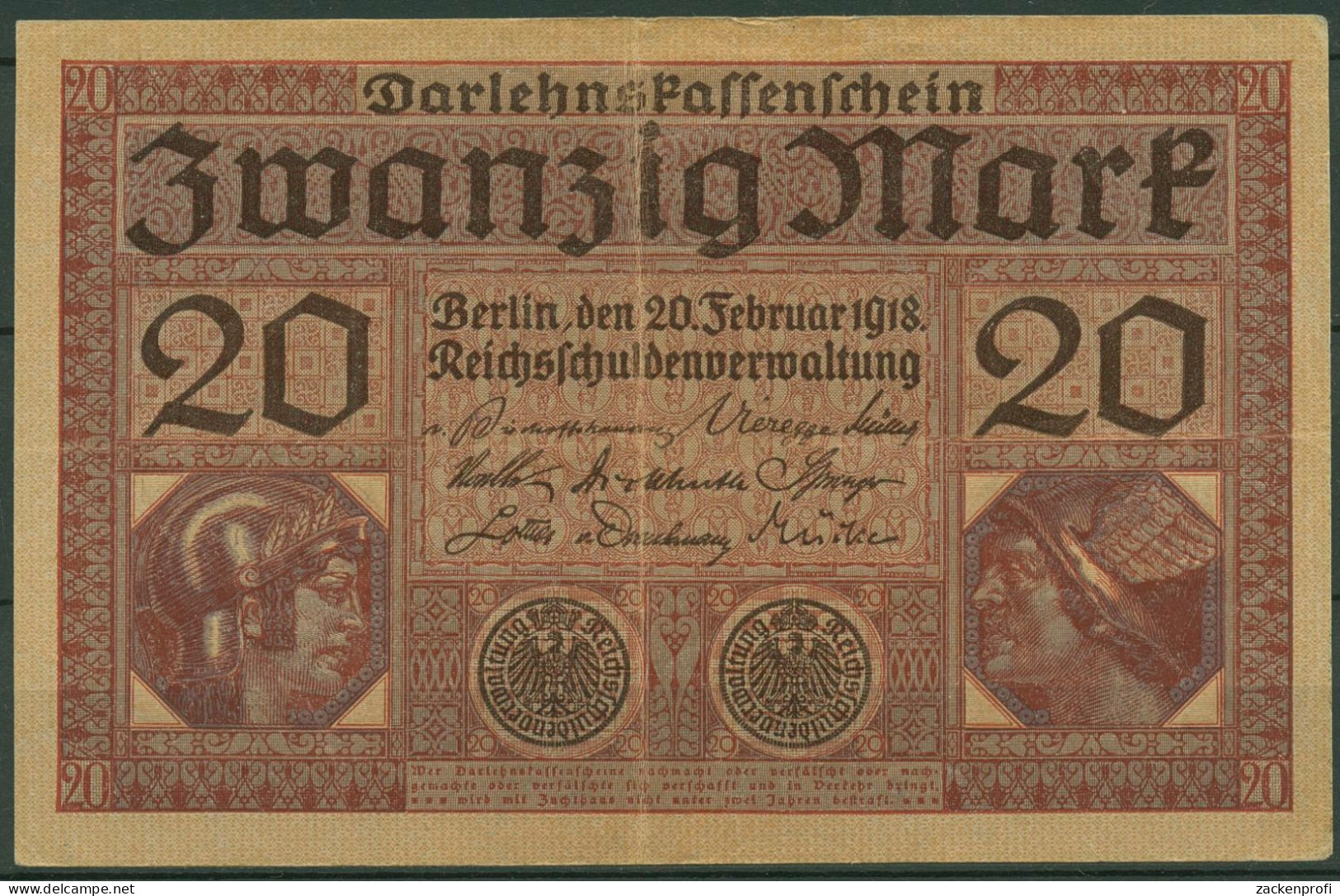 Dt. Reich 20 Mark 1918, DEU-62 Serie O, Leicht Gebraucht (K1522) - 20 Mark