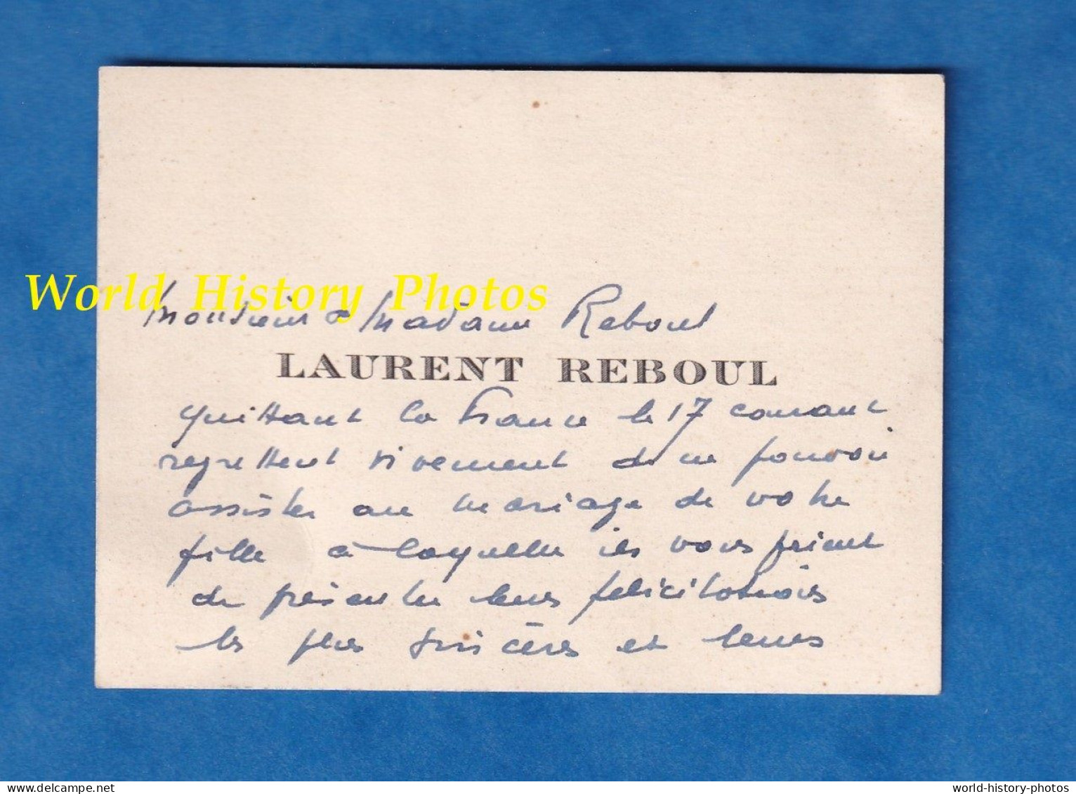 Carte De Visite Ancienne - PARIS - Monsieur & Madame Laurent REBOUL - 10 Octobre 1952 - Généalogie Histoire - Cartoncini Da Visita