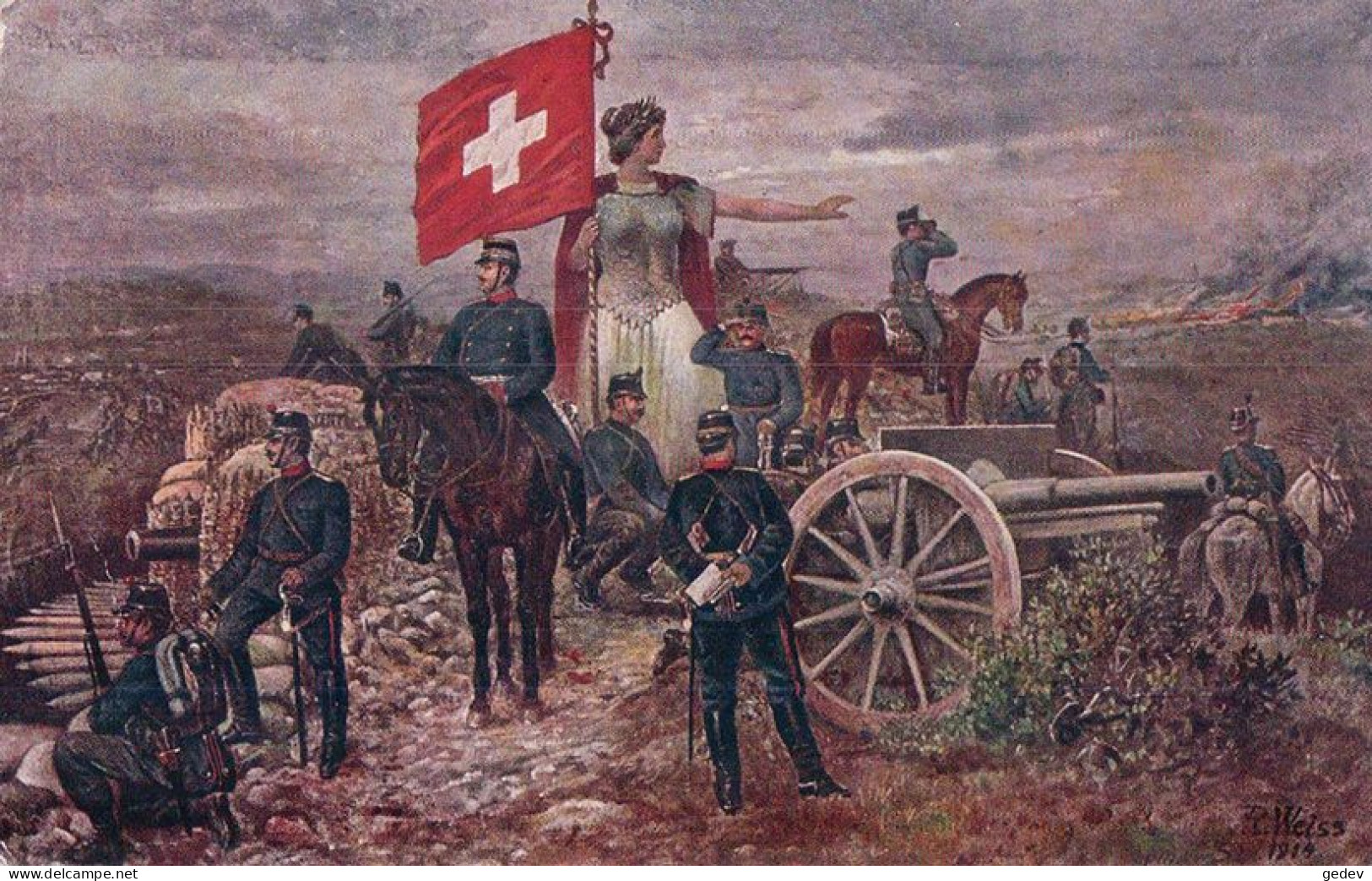 Armée Suisse, Canon Et Drapeau, L'Helvetie Protège Ses Fils, R. Weiss Illustrateur (3.8.1915) - War 1914-18