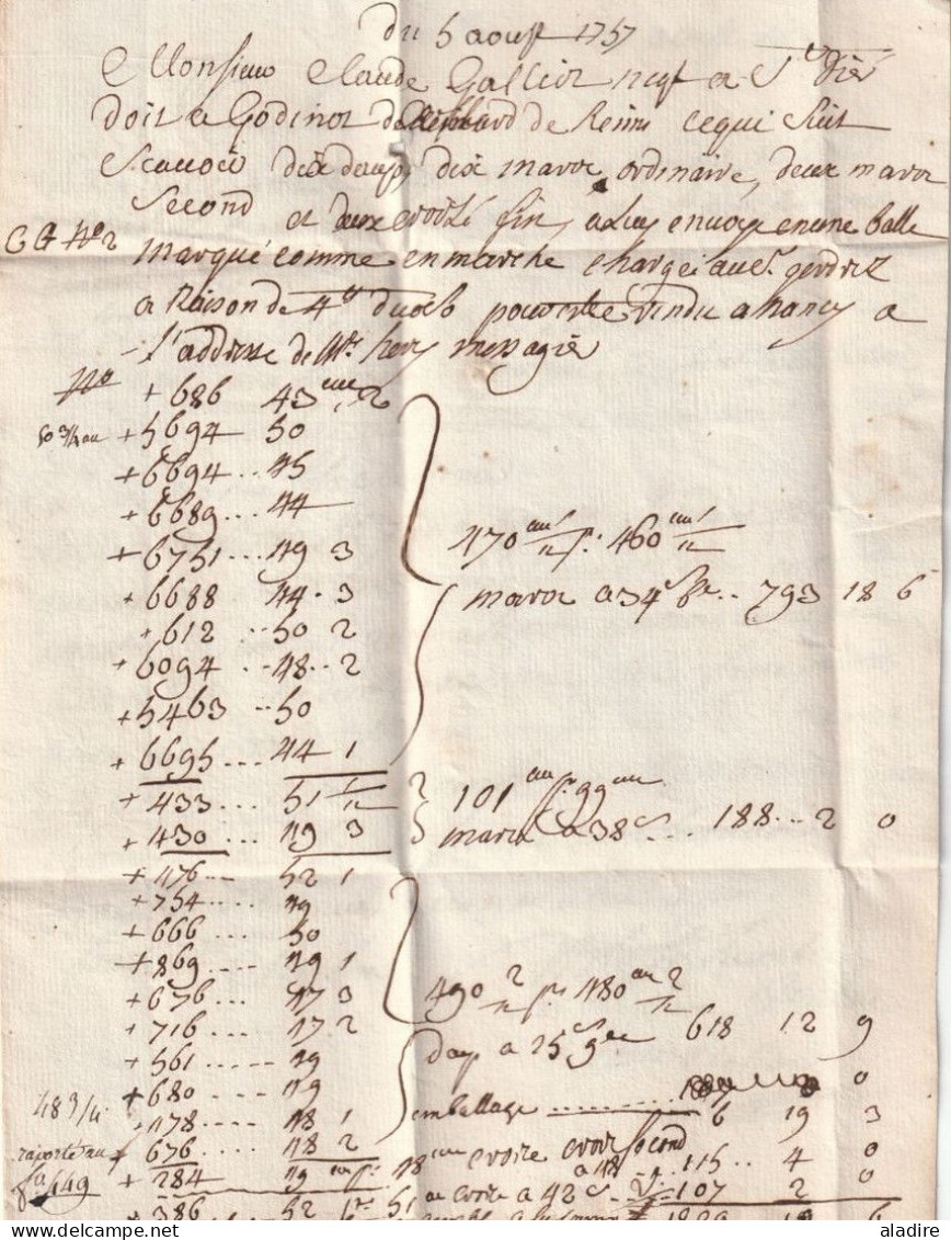 1757 - Marque Postale RHEIMS Reims Sur Lettre De 2 P Avec Facture Vers SAINT DIE En Lorraine, Vosges - Règne De Louis XV - ....-1700: Precursores