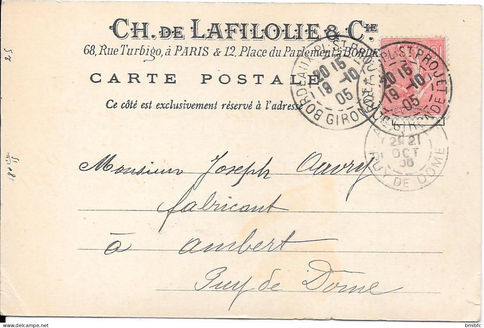 1905 - CH. De LAFILOLIE & Cie 68, Rue Turbigo à Paris & 12, Place Du Parlement à Bordeaux - Mercanti