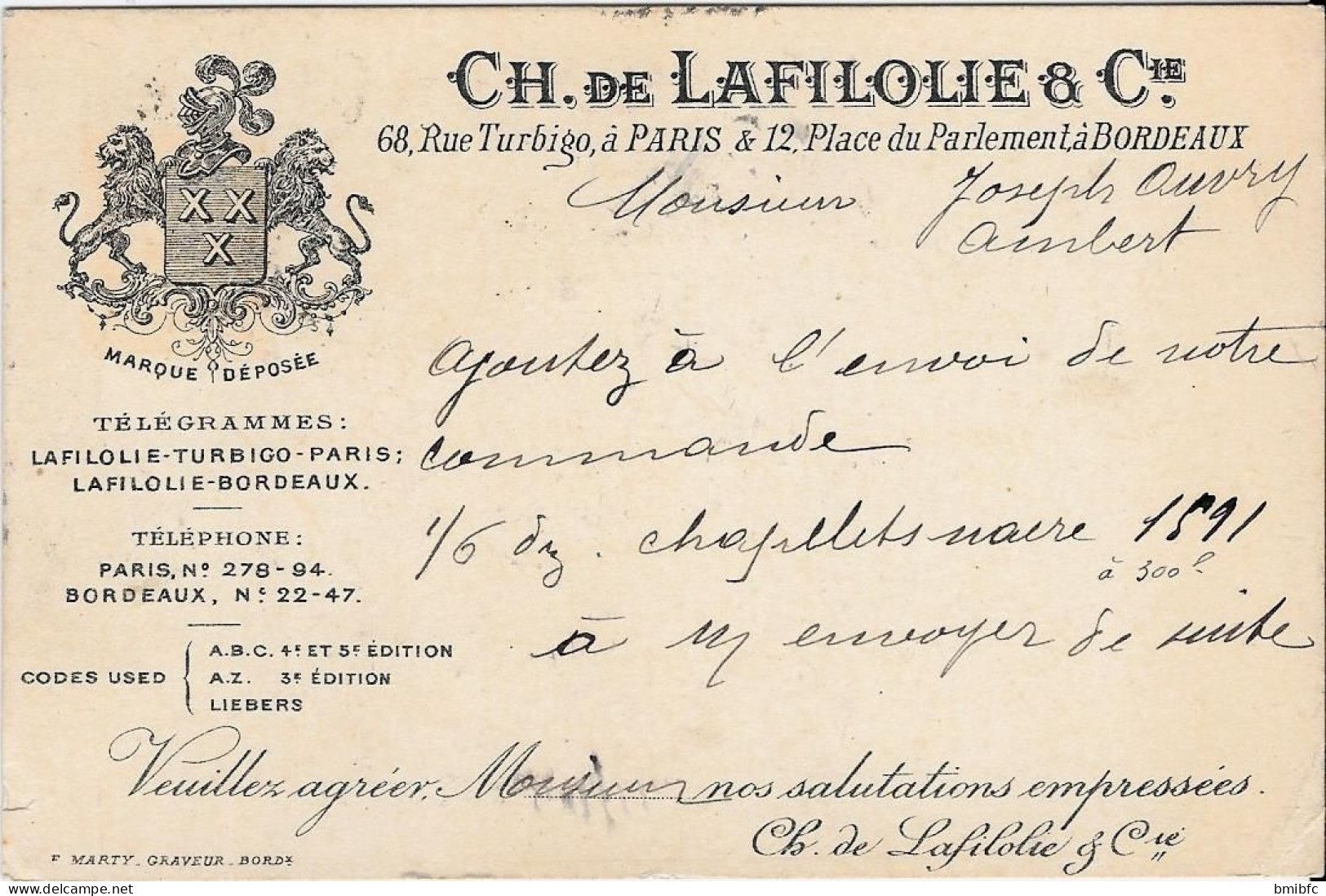 1905 - CH. De LAFILOLIE & Cie 68, Rue Turbigo à Paris & 12, Place Du Parlement à Bordeaux - Mercaderes