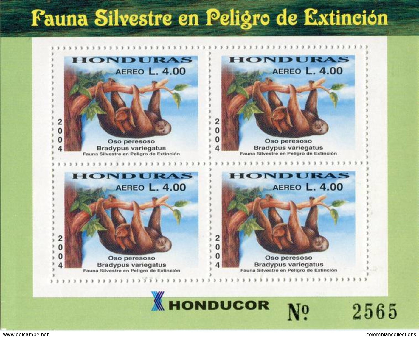 Lote H6, Honduras, 2004, Pliego, Sheet, Fauna En Peligro De Extincion, Oso Peresozo, Fauna In Danger Of Extinction, Bear - Honduras