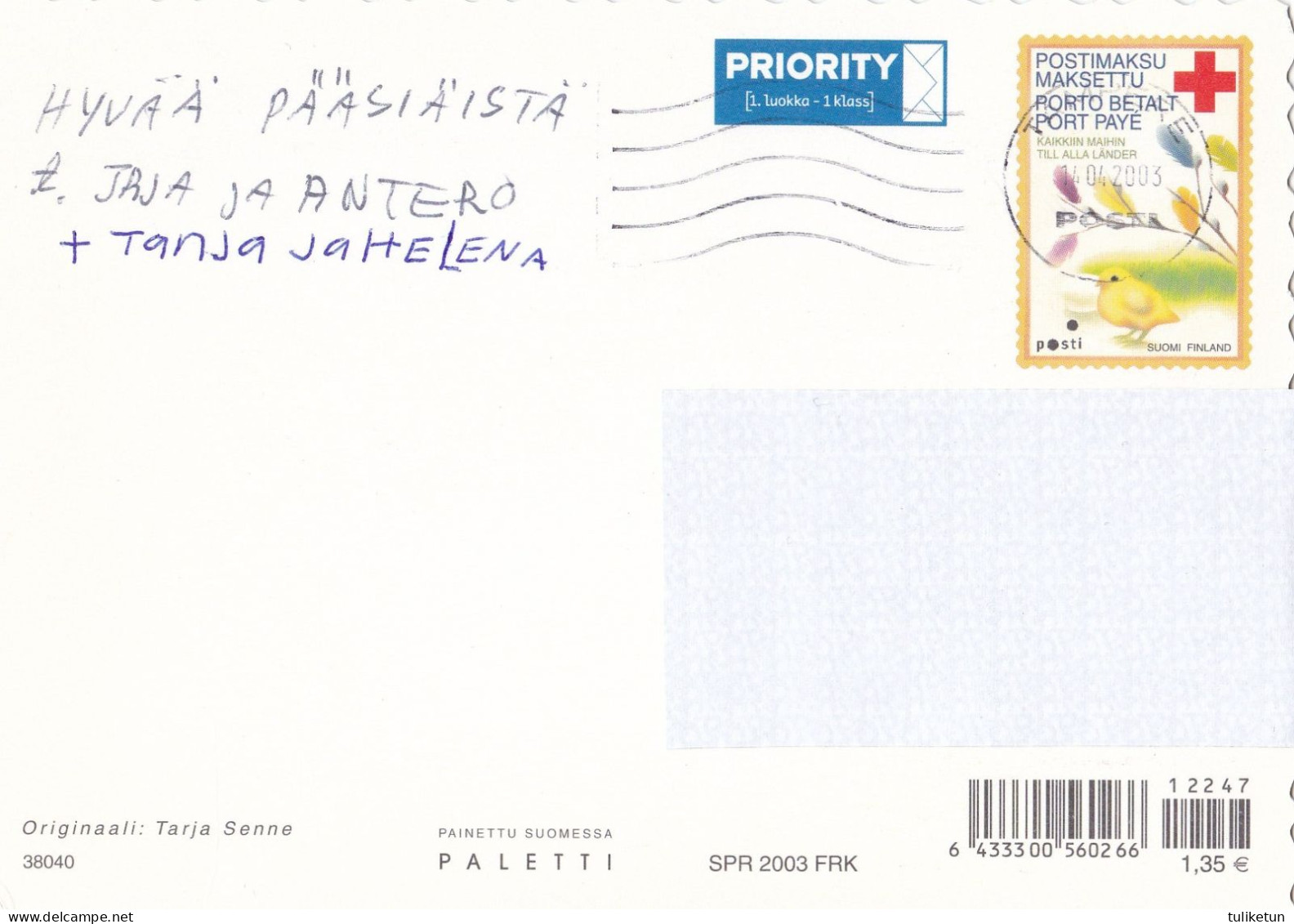 Postal Stationery - Easter Cock - Chicken Bringing Eggs - Red Cross 2003 - Suomi Finland - Postage Paid - RARE - Postal Stationery