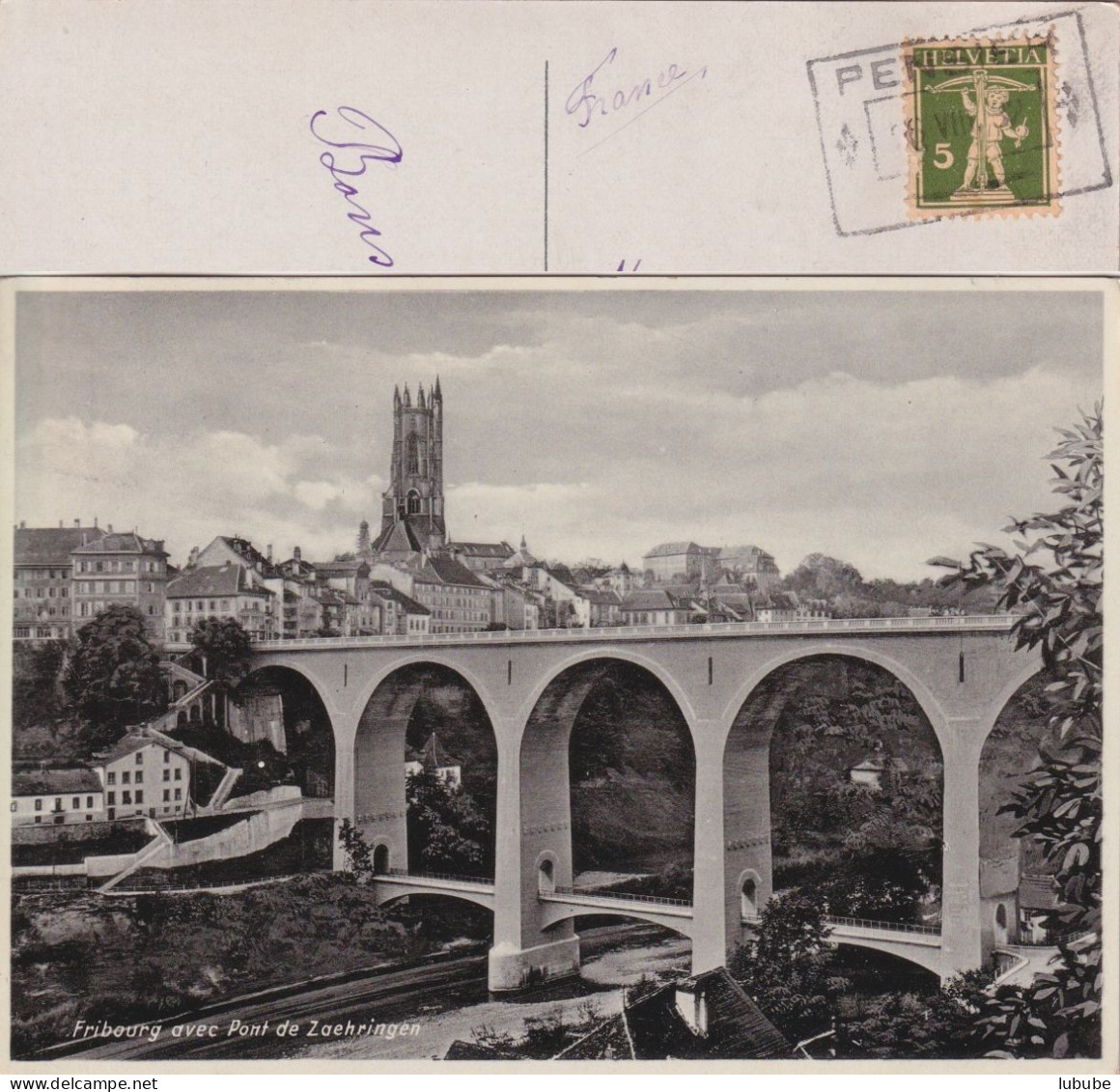 AK  "Fribourg - Pont De Zaehringen"  (Bahnstempel PENSIER)       1932 - Lettres & Documents