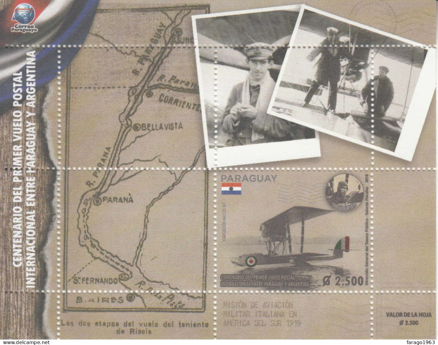 2019 Paraguay Aviation First Flight To Argentina Miniature Sheet Of 1 MNH - Paraguay