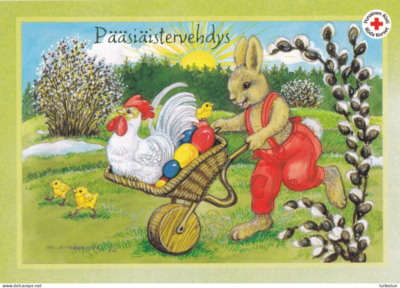 Postal Stationery - Bunny Carrying Chicken Eggs In Wheelbarrow - Red Cross  - Suomi Finland - Postage Paid - Enteros Postales