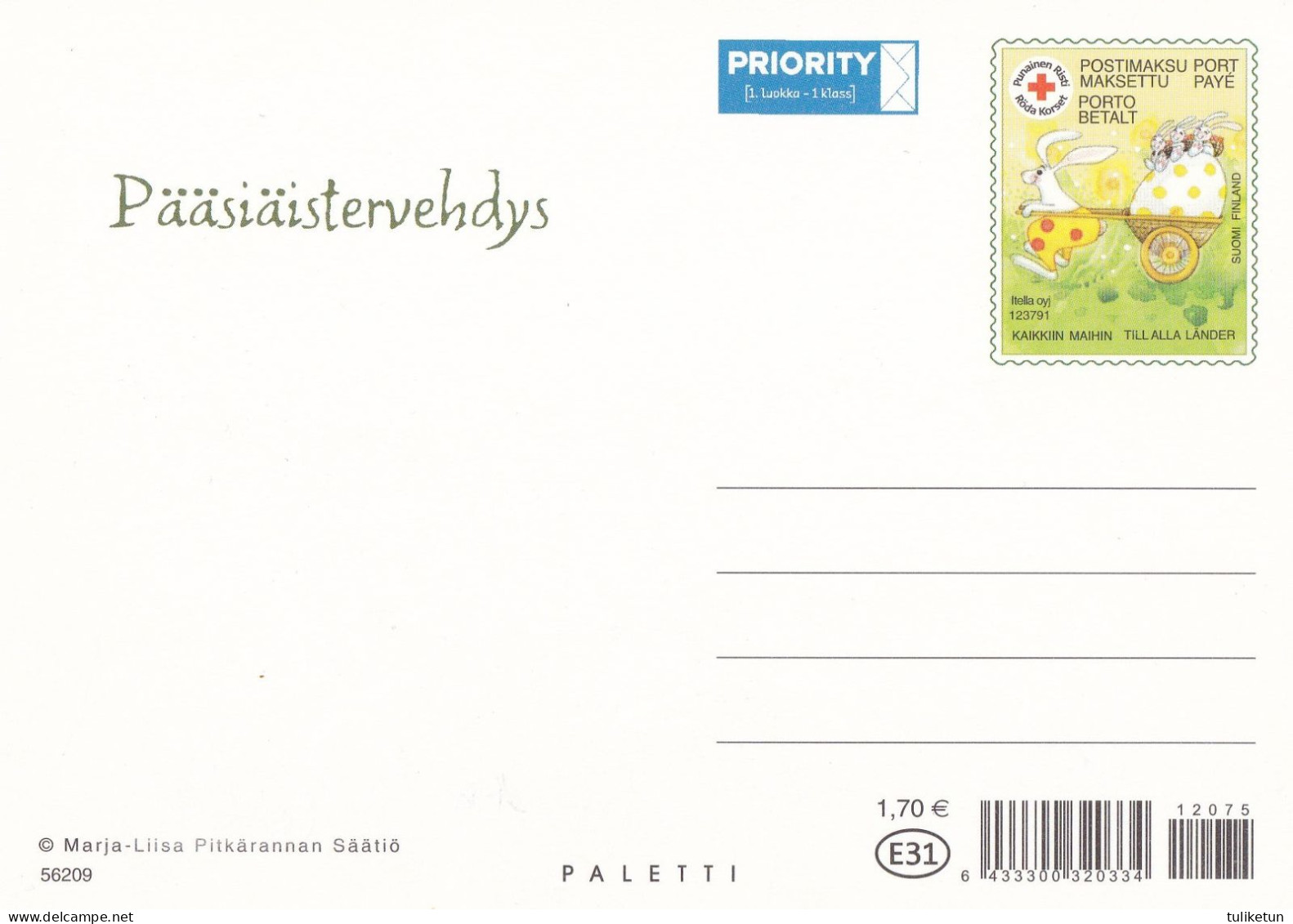 Postal Stationery - Bunny Carrying Chicken Eggs In Wheelbarrow - Red Cross  - Suomi Finland - Postage Paid - Postwaardestukken