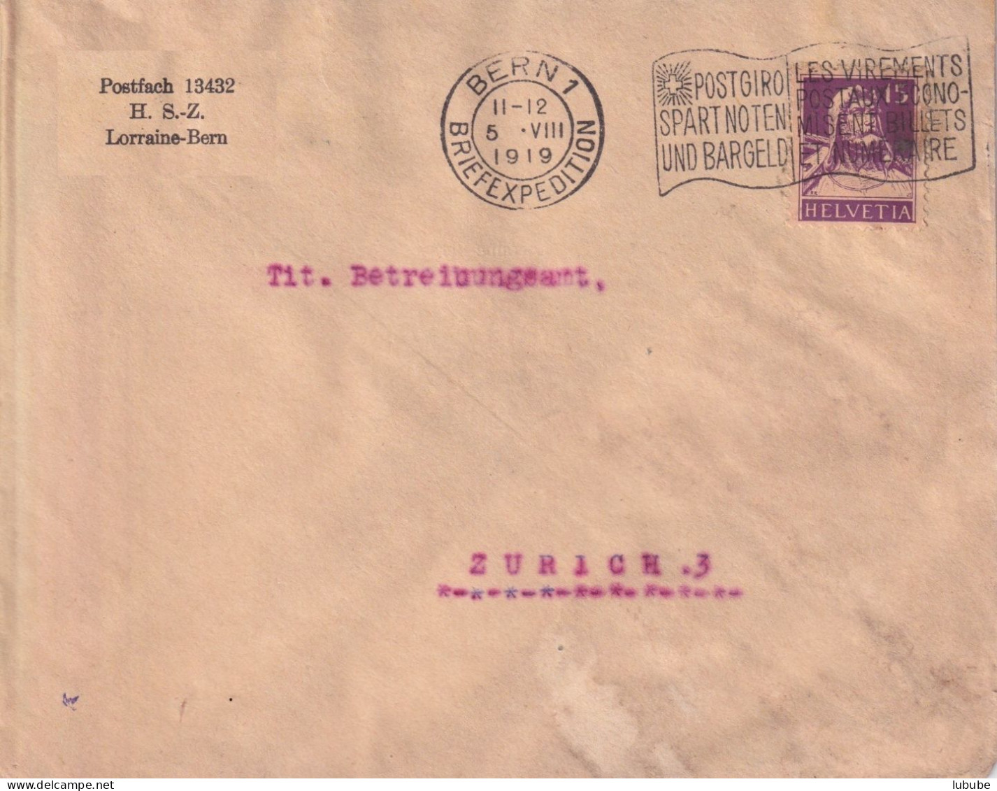 Motiv Brief  "Postfach 13432, H.S.-Z., Lorraine-Bern"       1919 - Lettres & Documents