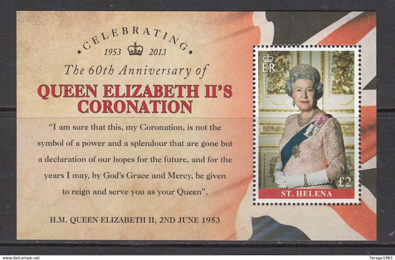 2013 St. Helena QEII Coronation  Miniature Sheet MNH  @ BELOW Face Value - Isla Sta Helena