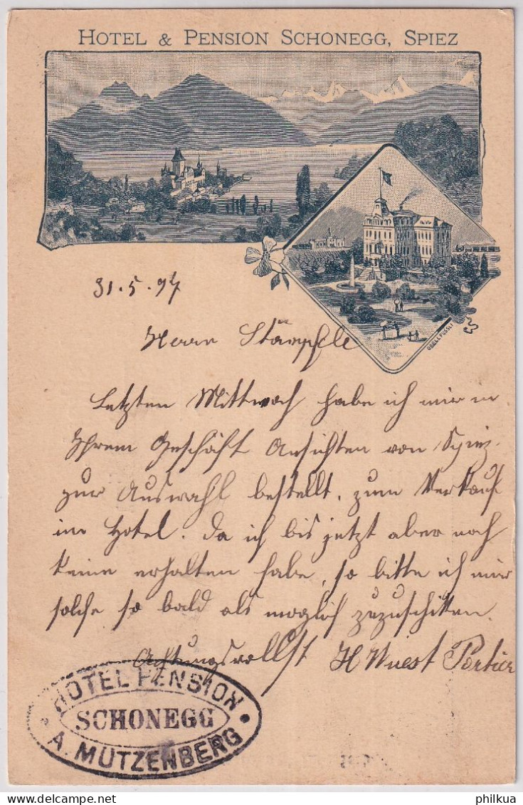 Gelaufen 1897 - Hotel & Pension Schonegg, Spiez  - Mit Hotelstempel "Hotel Pension Schonegg  A. Mützenberg" Nach Thun - Spiez