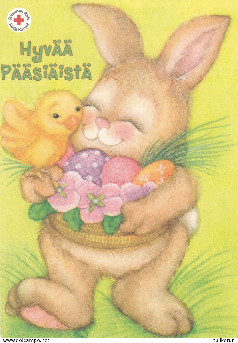 Postal Stationery - Bunny Holding Basket Full Of Eggs - Flowers - Chick - Red Cross - Suomi Finland - Postage Paid - Entiers Postaux