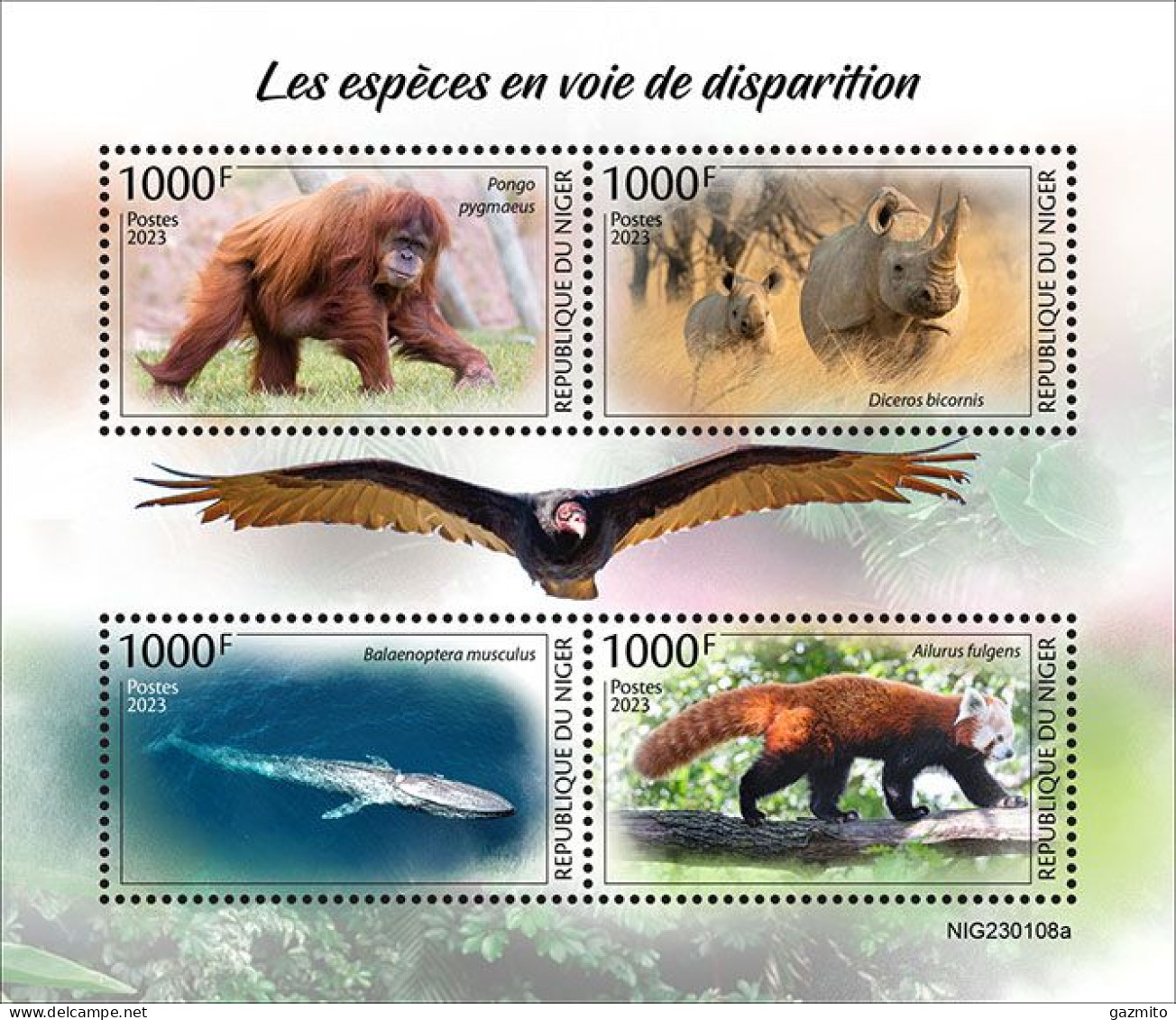 Niger 2023, Animals In Danger, Oran Gutan, Rhino, Whale, Panda, Eagle, 4val In BF - Mono