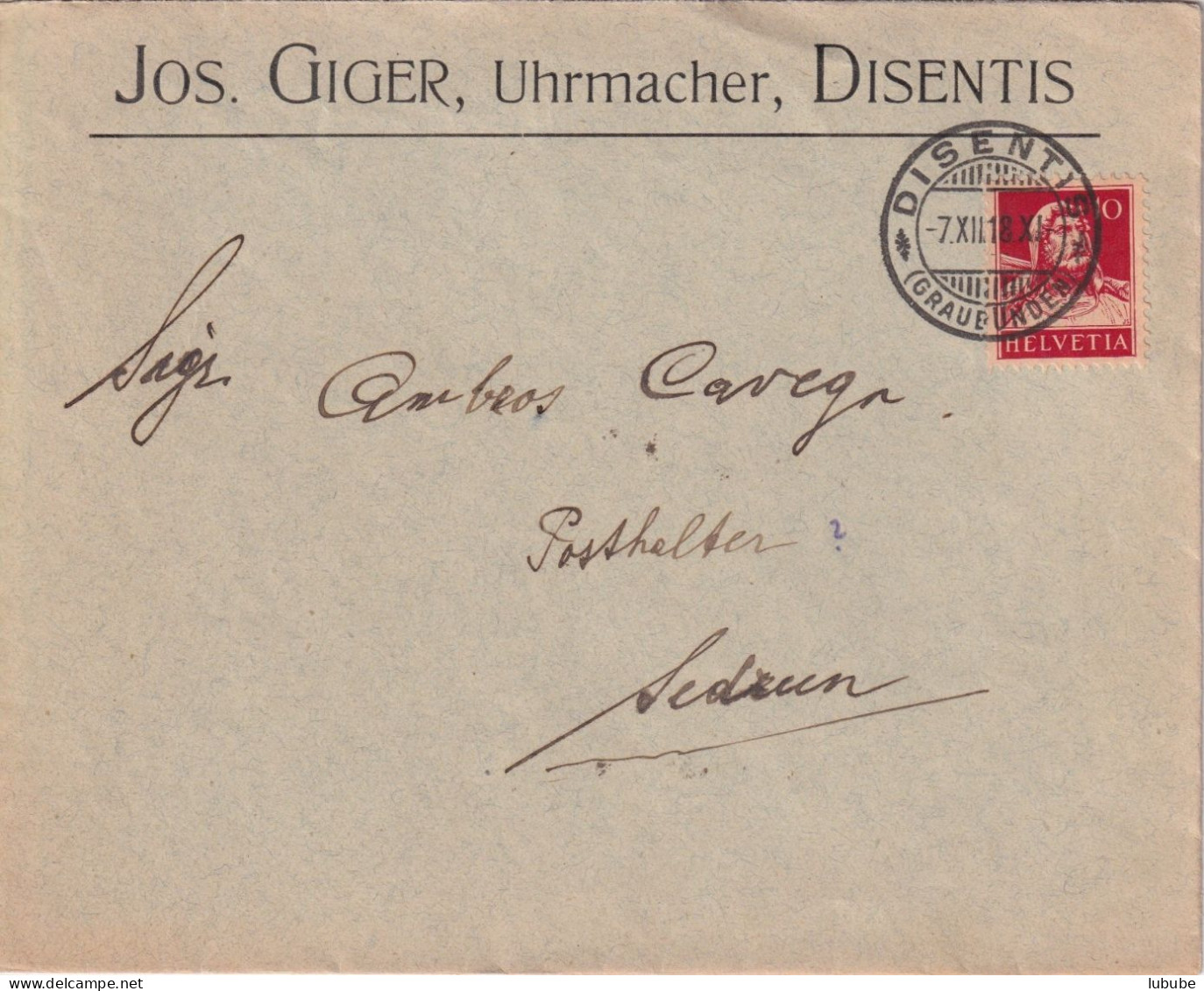 Motiv Brief  "Giger, Uhrmacher, Disentis"       1918 - Lettres & Documents