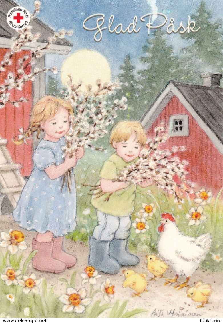 Postal Stationery - Girls Picking Up Willows - Chicken - Chicks - Red Cross - Suomi Finland - Postage Paid - Enteros Postales