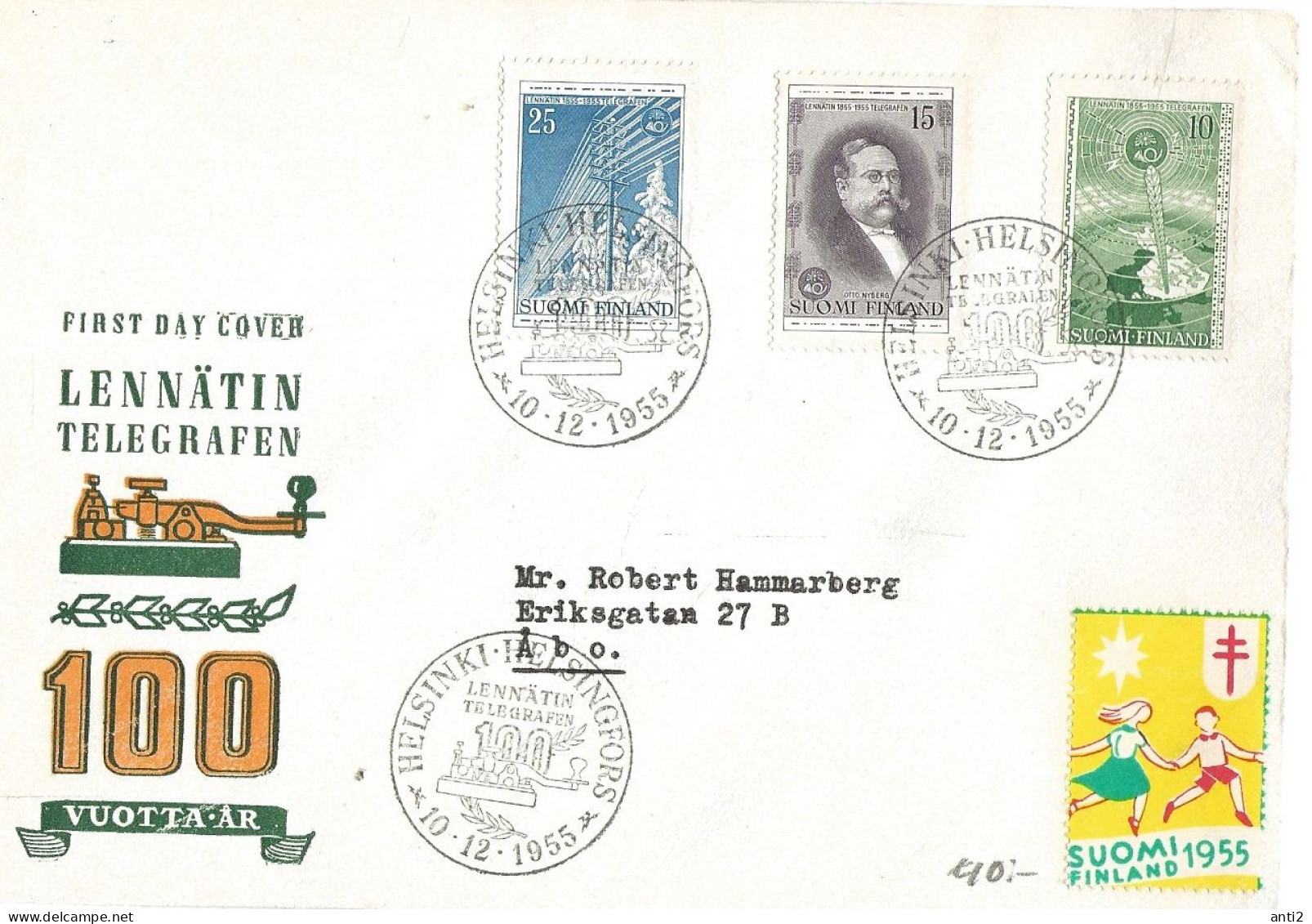 Finland   1955 Centenary Of Telegraphy In Finland, Transmission Tower, Otto Nyberg, Telegraph Pole  Mi 450-452 FDC - Covers & Documents