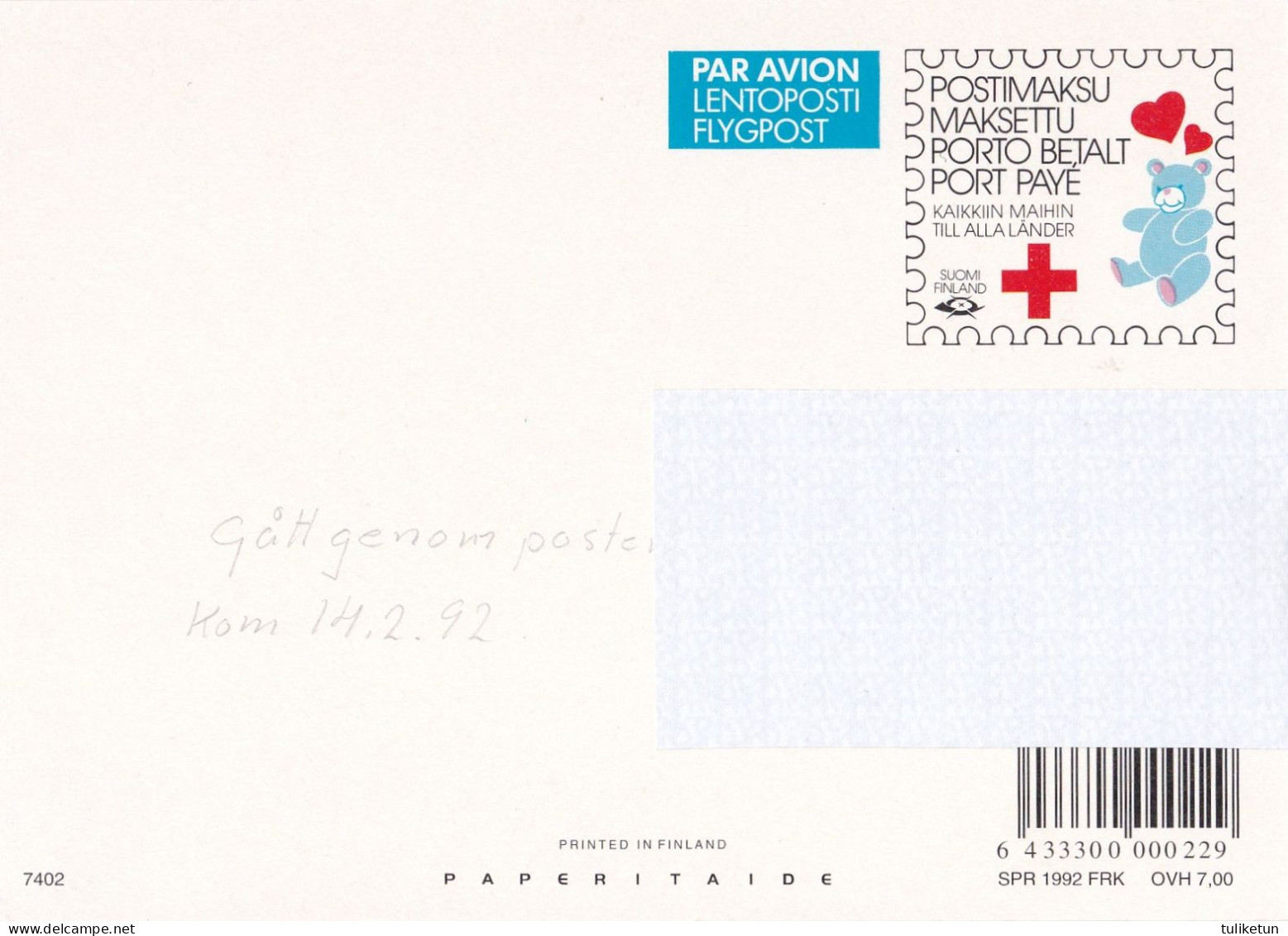 Postal Stationery - Rabbit - Hare Running - Red Cross 1992 - Suomi Finland - Postage Paid - Ganzsachen