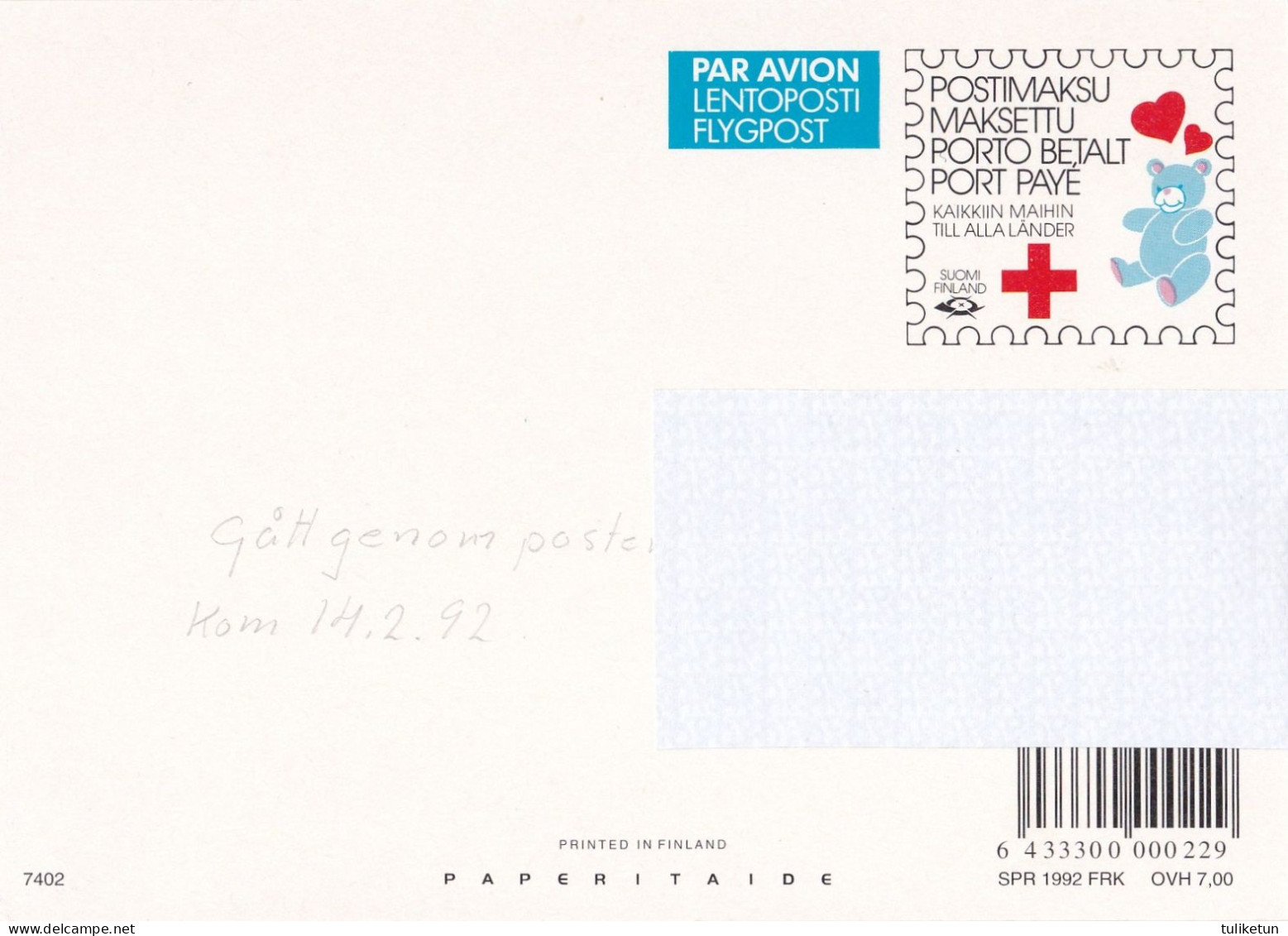 Postal Stationery - Rabbit - Hare Running - Red Cross 1992 - Suomi Finland - Postage Paid - Postwaardestukken