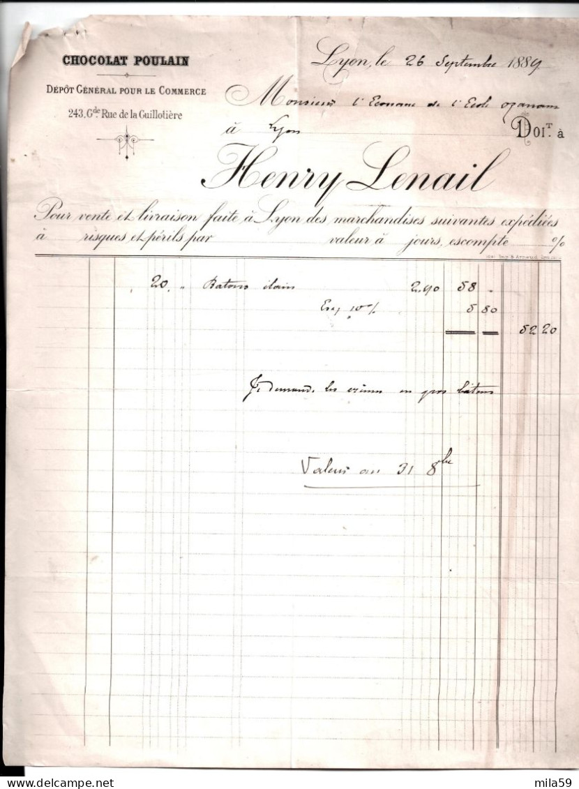 Chocolat Poulain. Dépot Général Pour Le Commerce. Lyon. Henry Lenail à M. L'économe De L'Ecole Ozanam. 1889. - 1800 – 1899