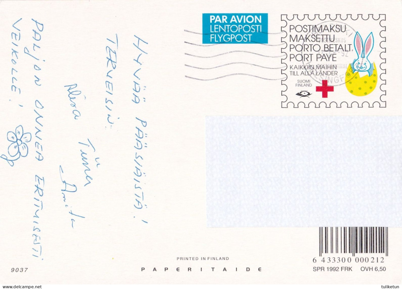 Postal Stationery - Bunny Pulling The Basket Full Of Eggs - Chick - Red Cross 1992 - Suomi Finland - Postage Paid - Postwaardestukken