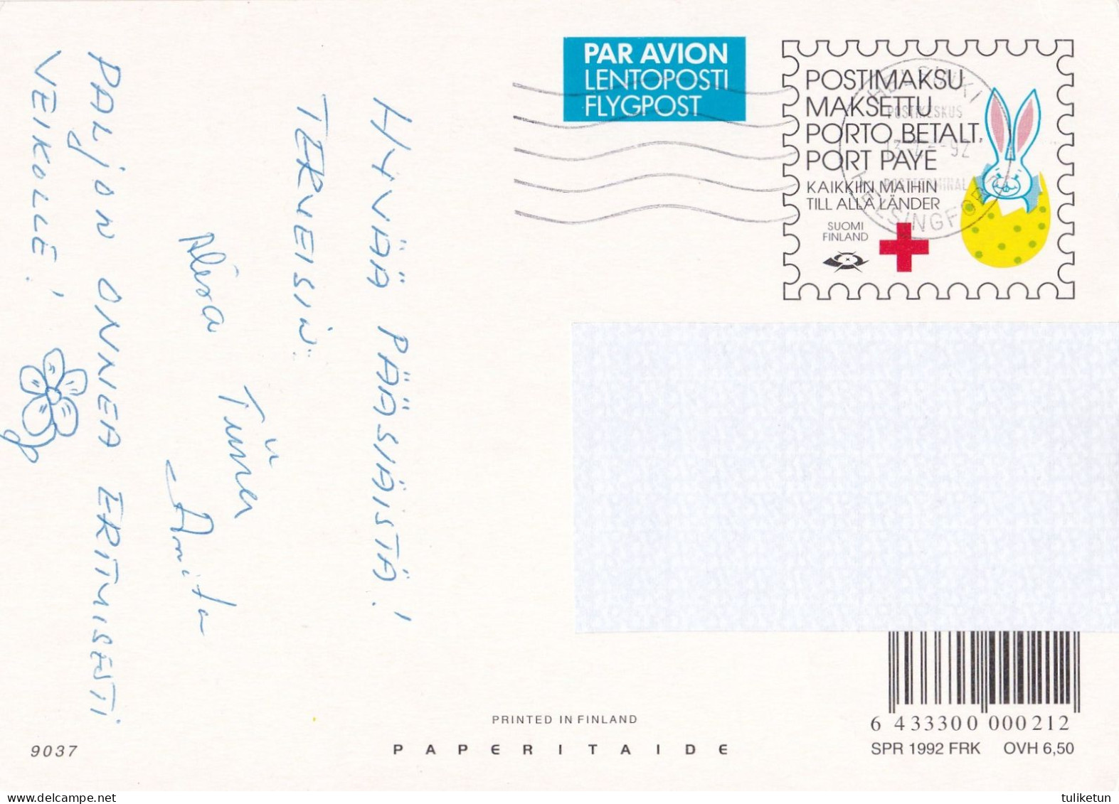 Postal Stationery - Bunny Pulling The Basket Full Of Eggs - Chick - Red Cross 1992 - Suomi Finland - Postage Paid - Postal Stationery