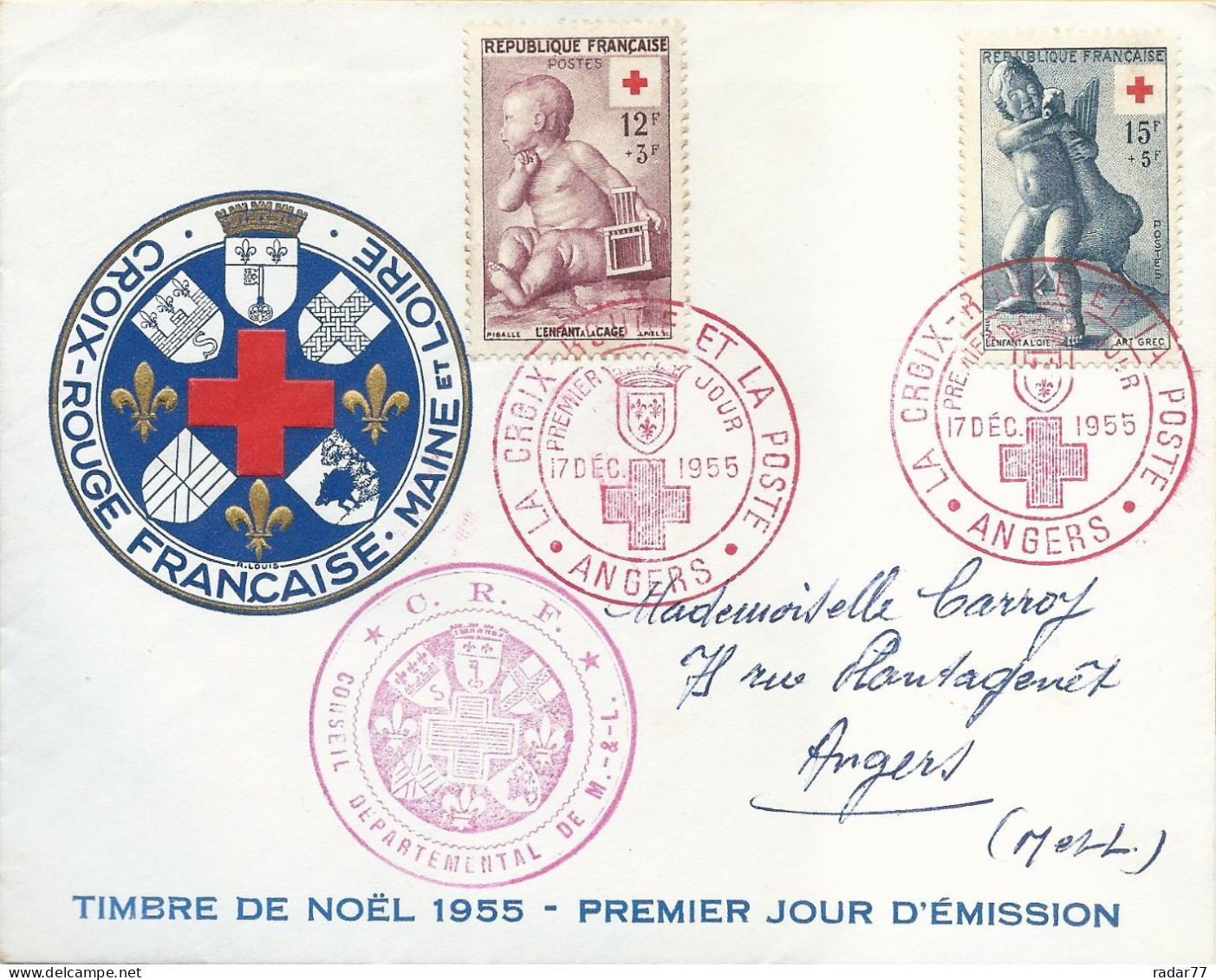 Enveloppe 1er Jour FDC N°1048/1049 Croix-Rouge 1955 - Angers - 17/12/1955 - 1950-1959