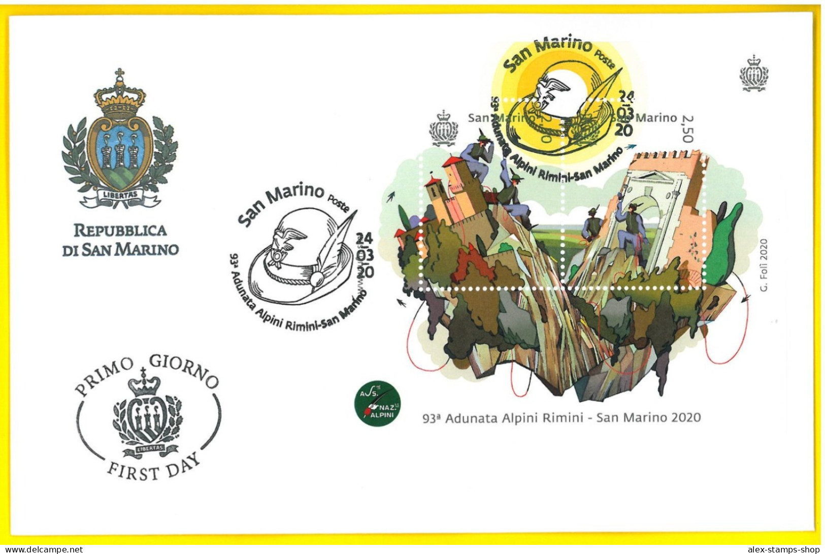 SAN MARINO 2020 FDC 93° ADUNATA DEGLI ALPINI RIMINI FIRST DAY COVER - FDC