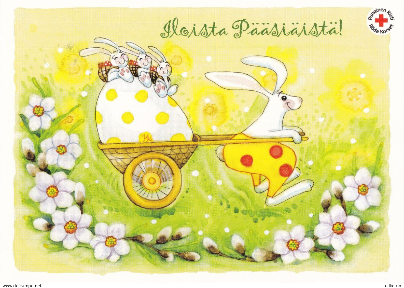 Postal Stationery - Bunnies - Hare - Rabbits Travelling Delivering Egg - Red Cross  - Suomi Finland - Postage Paid - Postwaardestukken