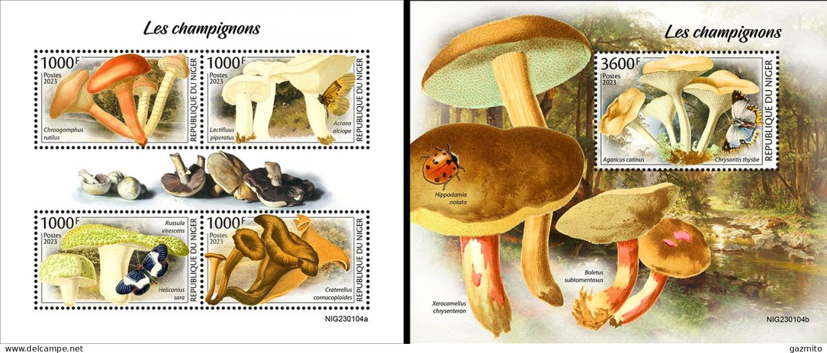 Niger 2023, Mushrooms, Butterfly, 4val In BF+BF - Mushrooms