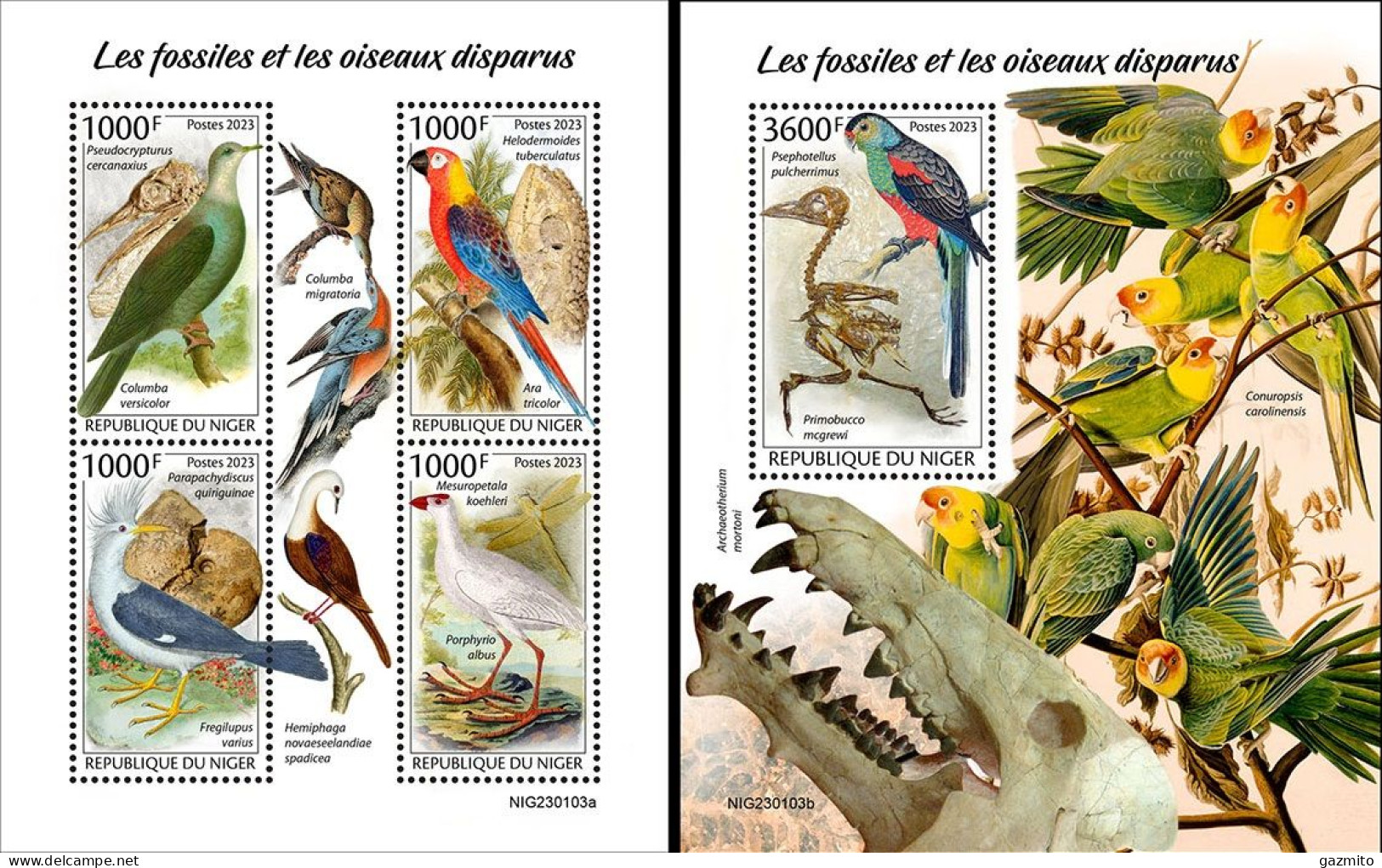 Niger 2023, Fossils And Extinct Birds, Parrots, 4val In BF+BF - Fossils