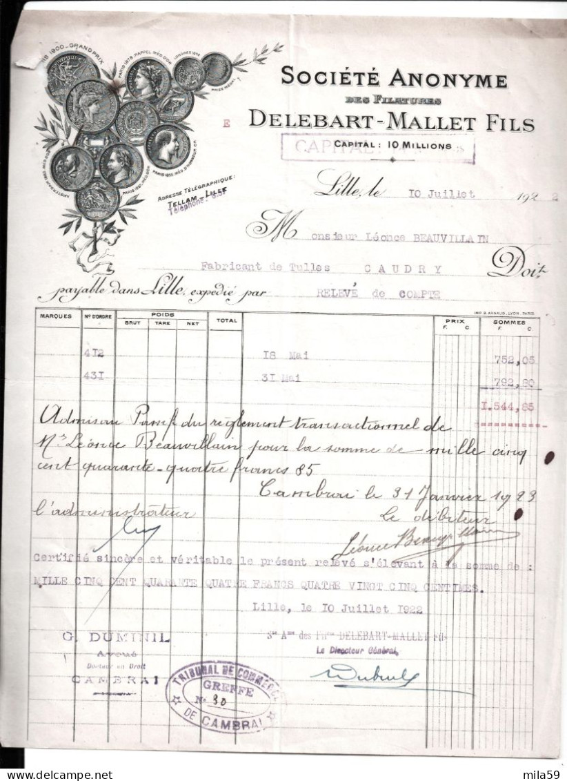 Société Des Filatures Delebart Mallet Fils à Lille. à Léonce Beauvillain Fabricant De Tulles à Caudry. 1922. - 1900 – 1949