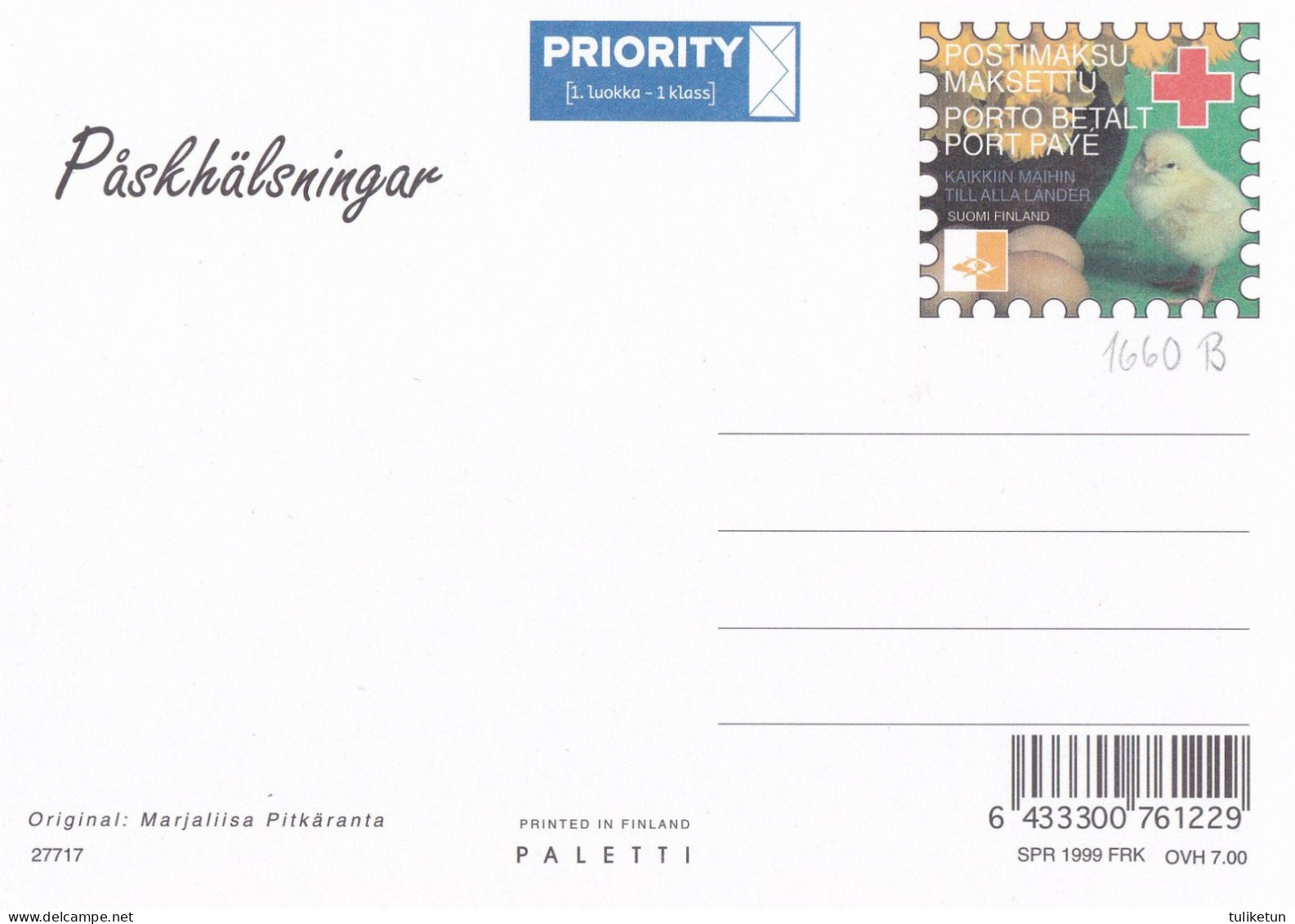 Postal Stationery - Chicks With A Lot Of Eggs - Red Cross 1999 - Suomi Finland - Postage Paid - Enteros Postales