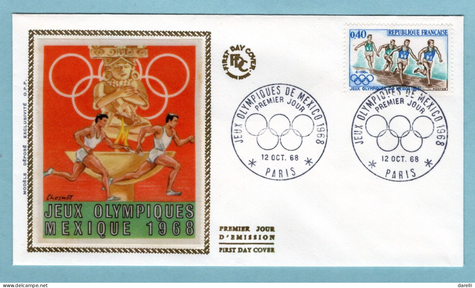 FDC France 1968 - Jeux Olympiques De Mexico 1968 - Passage De Relais - YT 1573 - Paris (soie) - 1960-1969