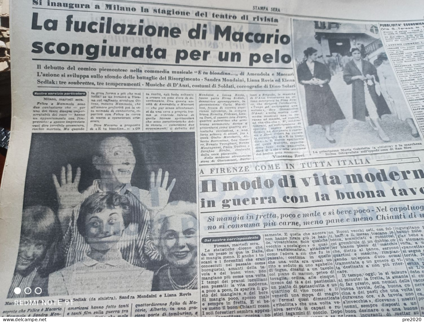 STAMPA SERA  11/9/1956 ERMINIO MACARIO COMICO PERGINE VALSUGANA - Altri & Non Classificati