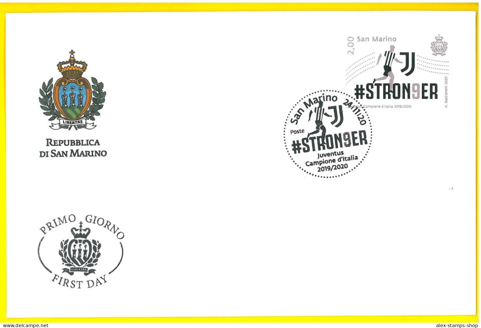 SAN MARINO 2020 FDC CALCIO JUVENTUS CAMPIONE D'ITALIA 2019/20 FIRST DAY COVER - FDC