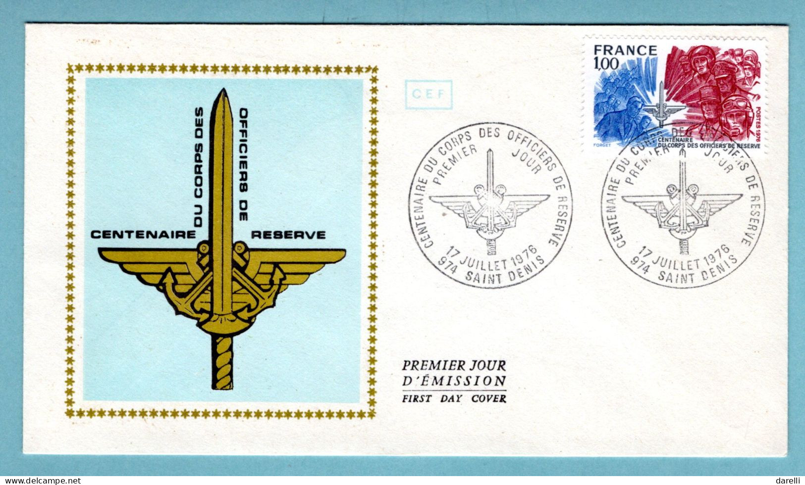 FDC France 1976 - Centenaire Du Corps Des Officiers De Réserve -YT 1890 - 974 Saint Denis - 1970-1979