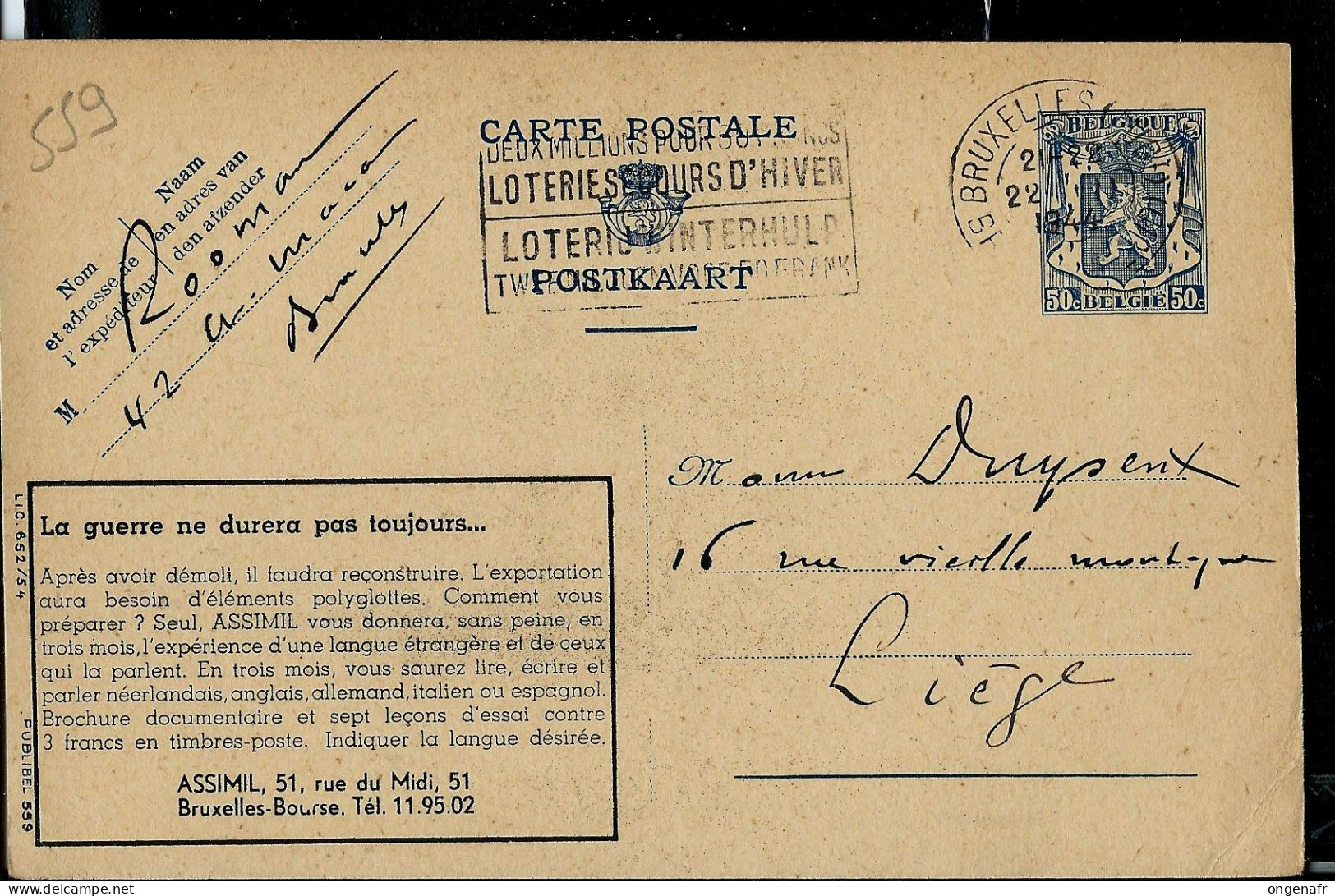 Publibel Obl. N° 559 ( ASSIMIL - Langues Vivantes ) Obl. BXL 22/02/1944 - Publibels