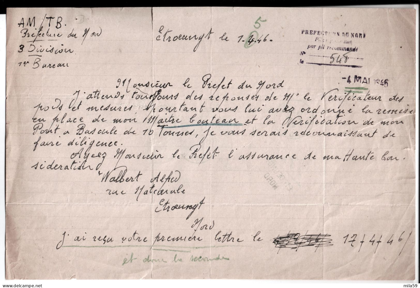Lettres De Alfred Zéphir Walbert à Etroeungt à M. Le Préfet Du Nord. Au Sujet De Son Pont à Bascule. 1946. - Other & Unclassified