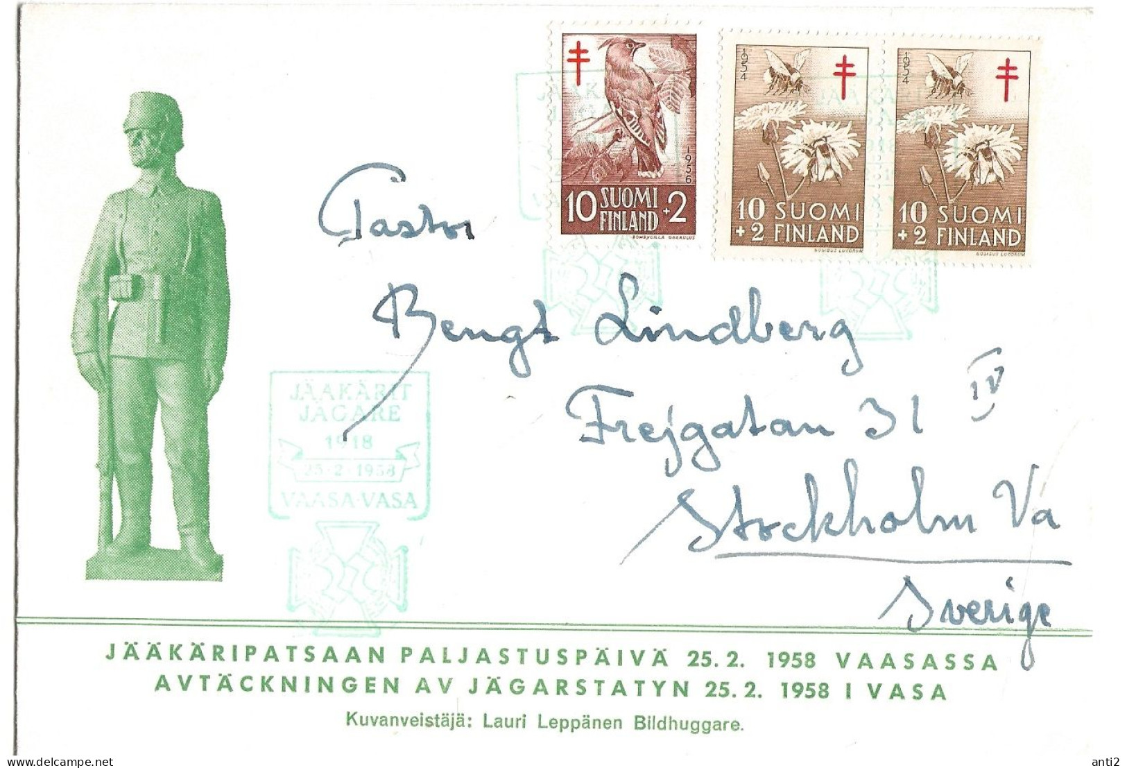 Finland   1958 Fighting Tuberculosis, Bohemian Waxwing, Glossy Humlebee Mi 461 And 434 X 2    On Special Cover 25.2.58 - Storia Postale