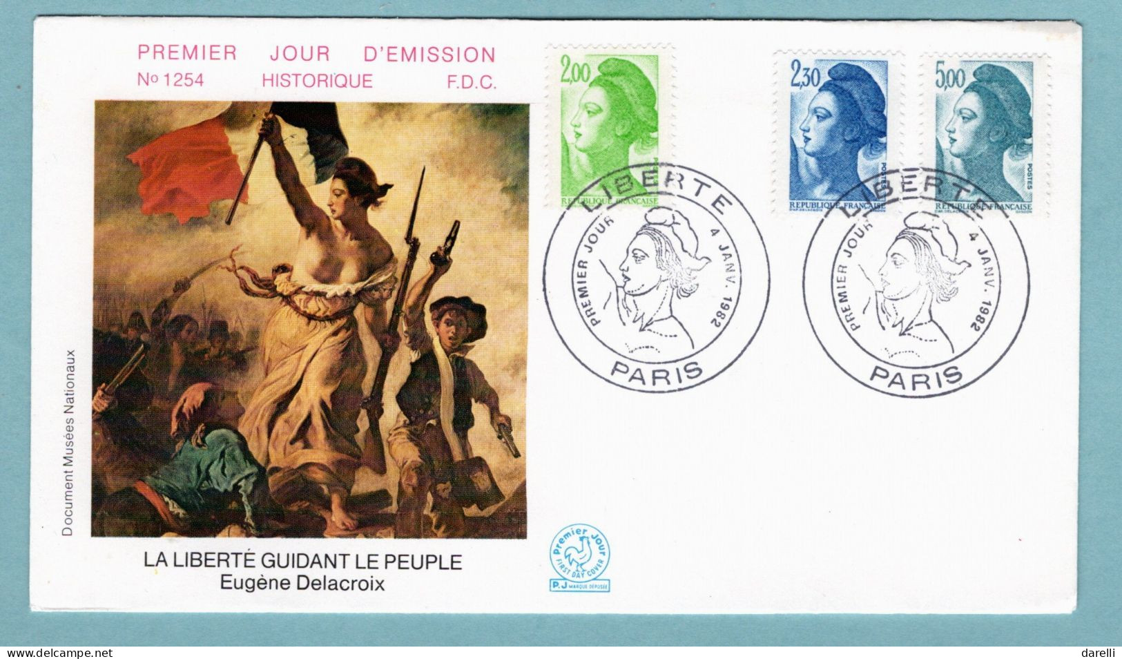 FDC France 1982 - Liberté De Gandon (d'Eugène Delacroix)  2 F Vert YT 2188 - 2,30 F Bleu YT 2189 - 5 F  Bleu YT 2190 - 1980-1989