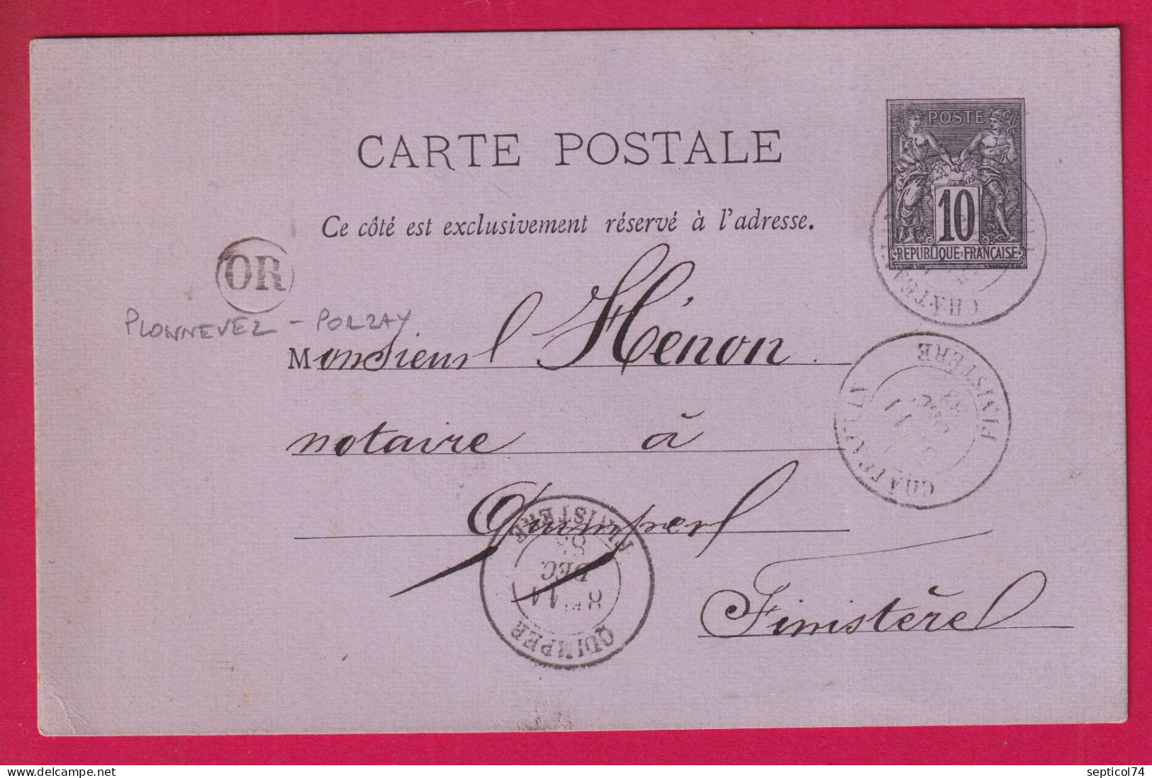 ENTIER SAGE CAD TYPE 18 CHATEAULIN FINISTERE OR PLONNEVEL PORZAY POUR QUIMPER LETTRE - 1877-1920: Période Semi Moderne