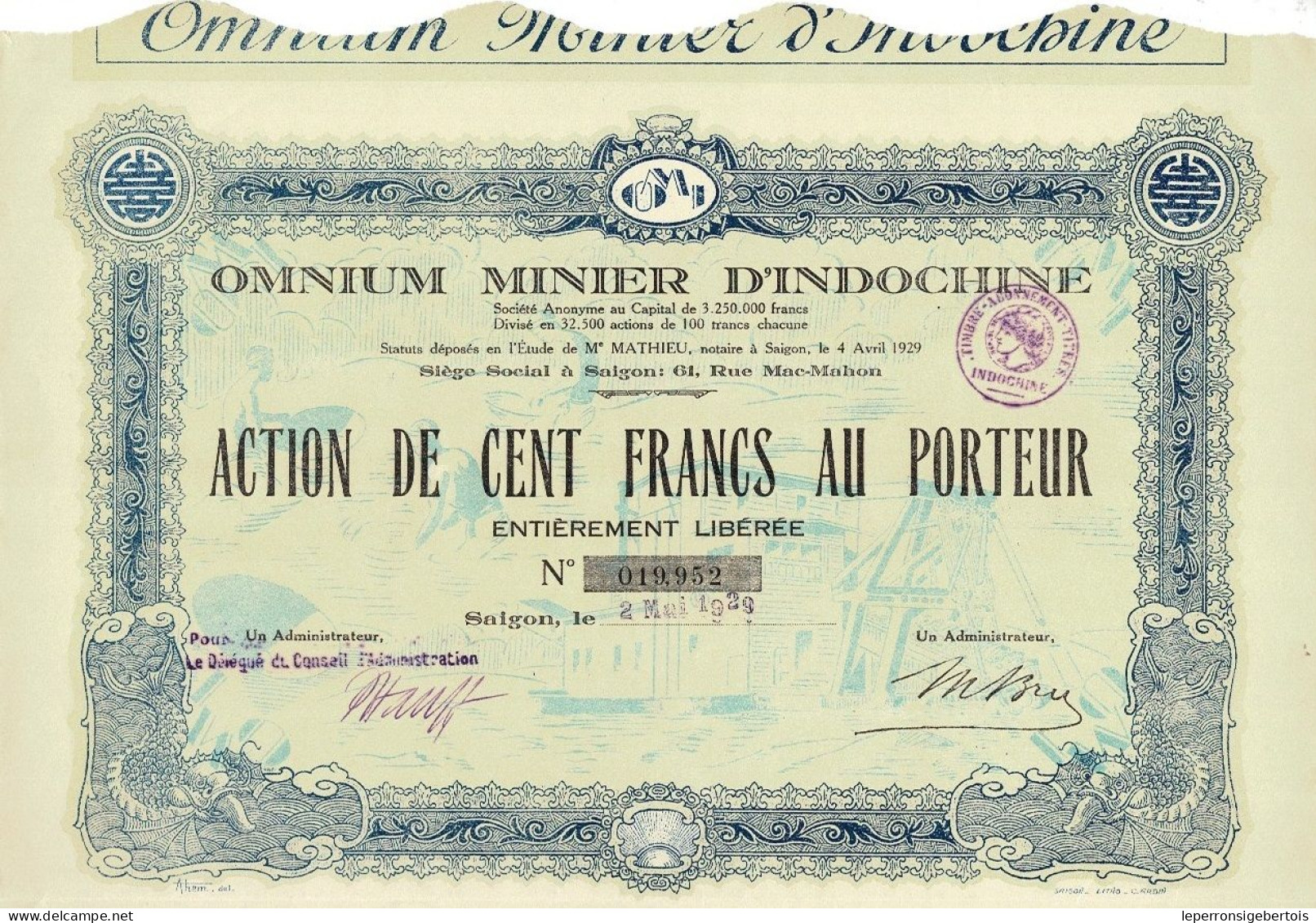 Titre De 1929 - Omnium Minier D'Indochine - Société Anonyme  - Déco - Azië
