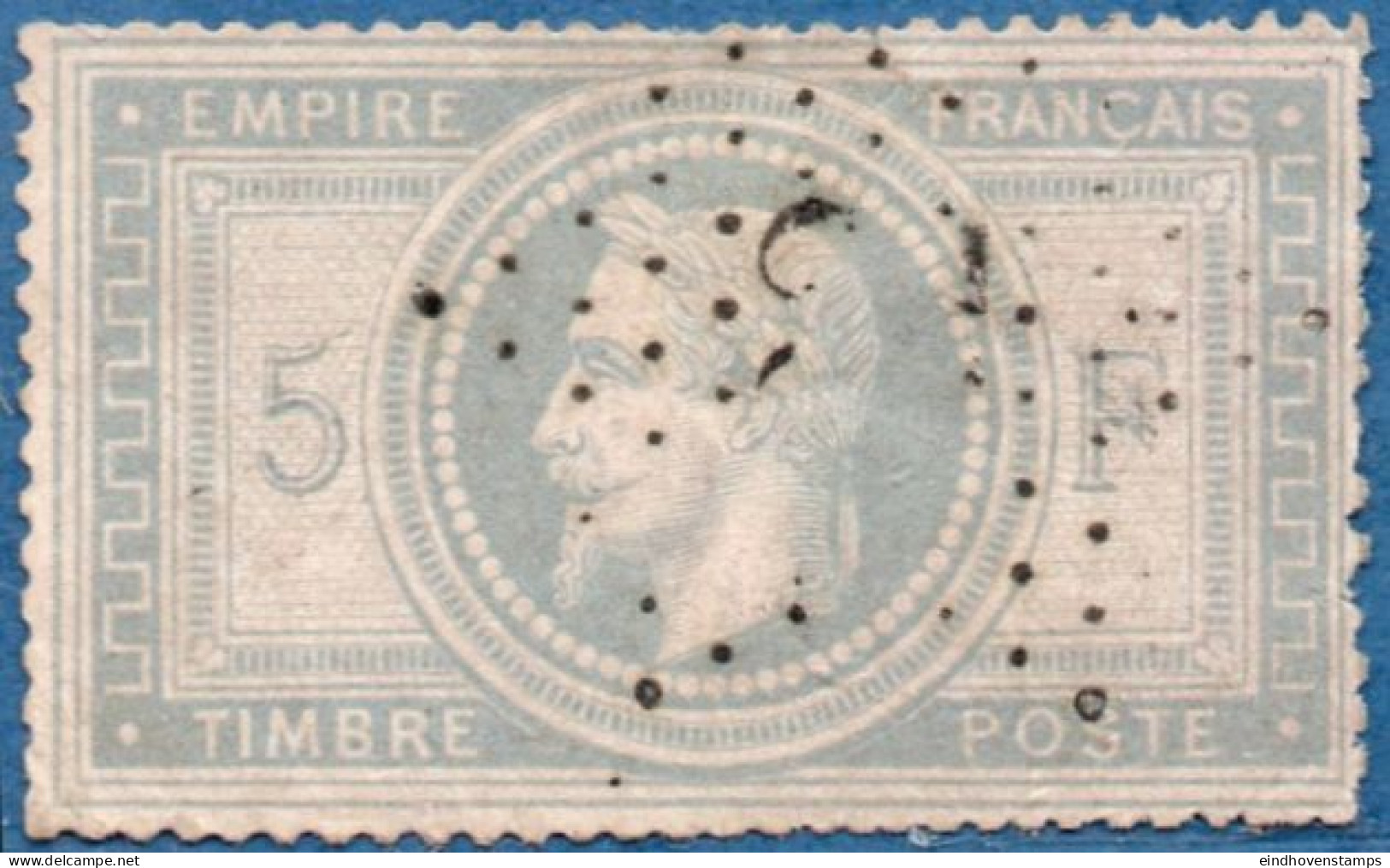 France 1869 5 Fr Cancelled Paris Star 5 - Bd Saint Martin, Thin From Pasting On Clerq's Desk - 1863-1870 Napoléon III Lauré