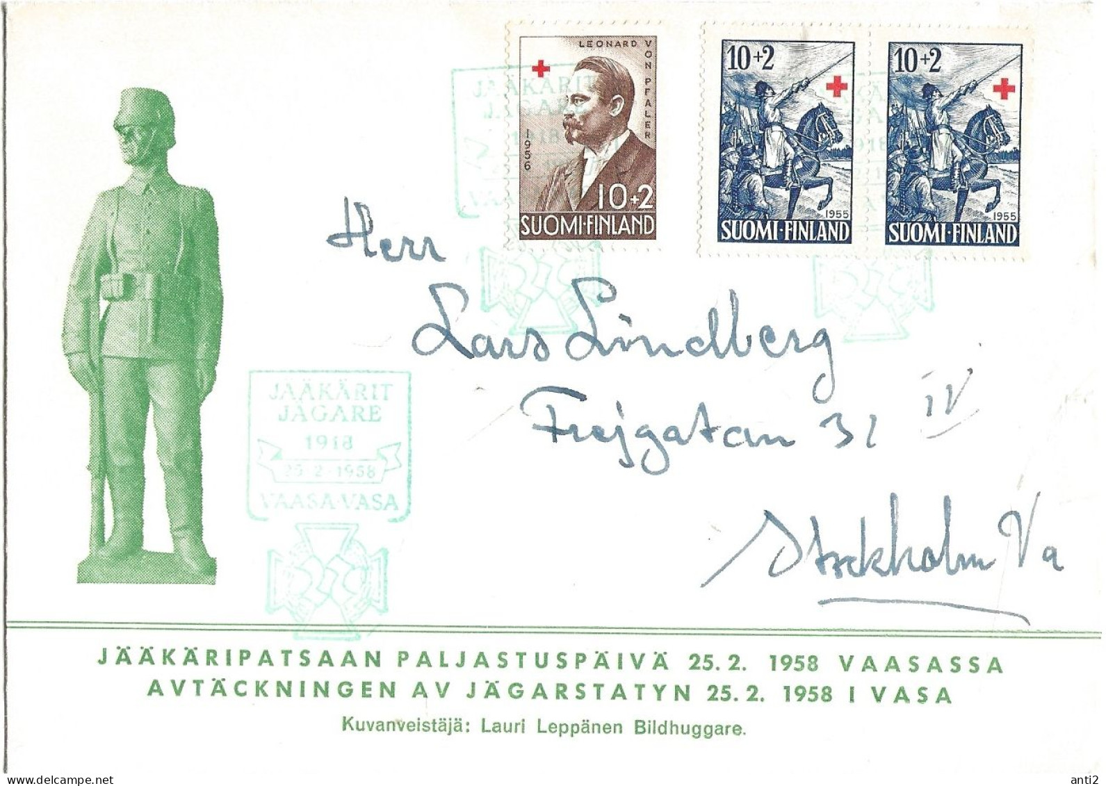 Finland   1958 Red Cross, President Leonhard By Pfaler,  Fähnrich Stål  Mi 469 And 447 X 2    On Special Cover 25.2.58 - Lettres & Documents