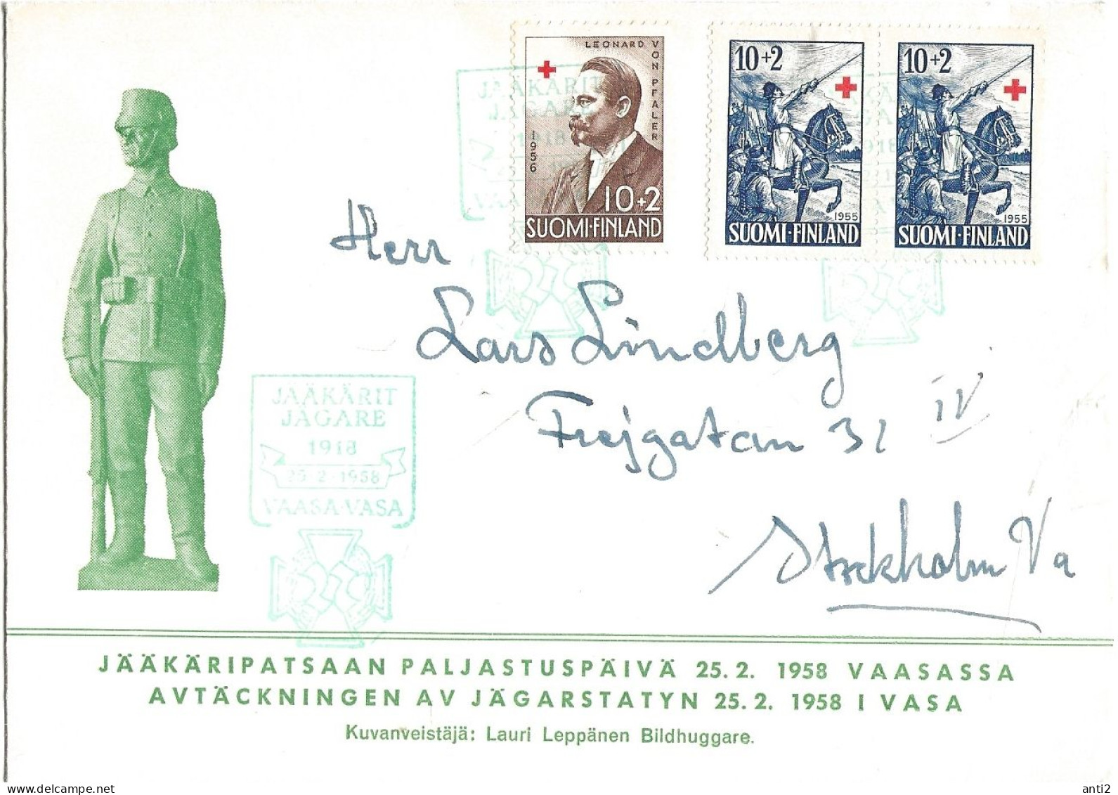 Finland   1958 Red Cross, President Leonhard By Pfaler,  Fähnrich Stål  Mi 469 And 447 X 2    On Special Cover 25.2.58 - Brieven En Documenten