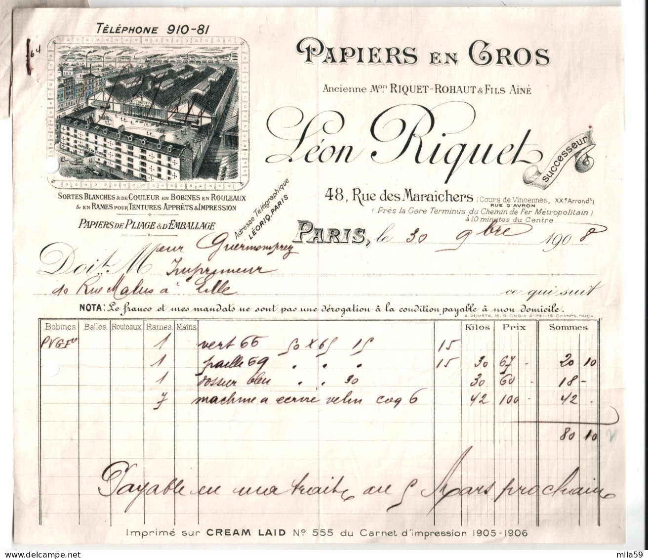 Papiers En Gros. Léon Riquet. Paris. Ancienne Mon Riquet Rohaut & Fils. à M. Guermomprez  Imprimeur à Lille. 1908. - 1900 – 1949